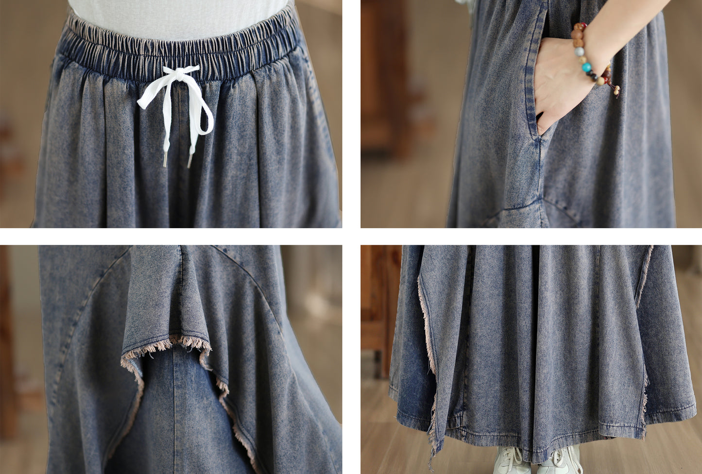 Women Loose Denim Skirt Pants Baggy Elastic Waist Casual Wide Leg Jeans - LAI MENG FIVE CATS