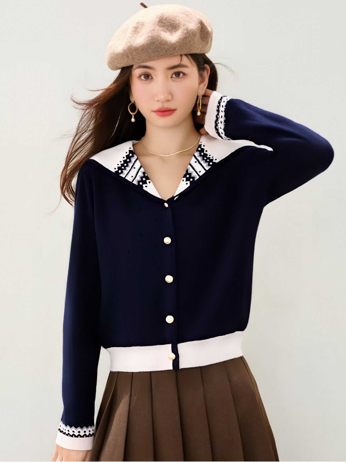 Women's Sailor Collar Long Sleeve Stripe Cardigan Sweater