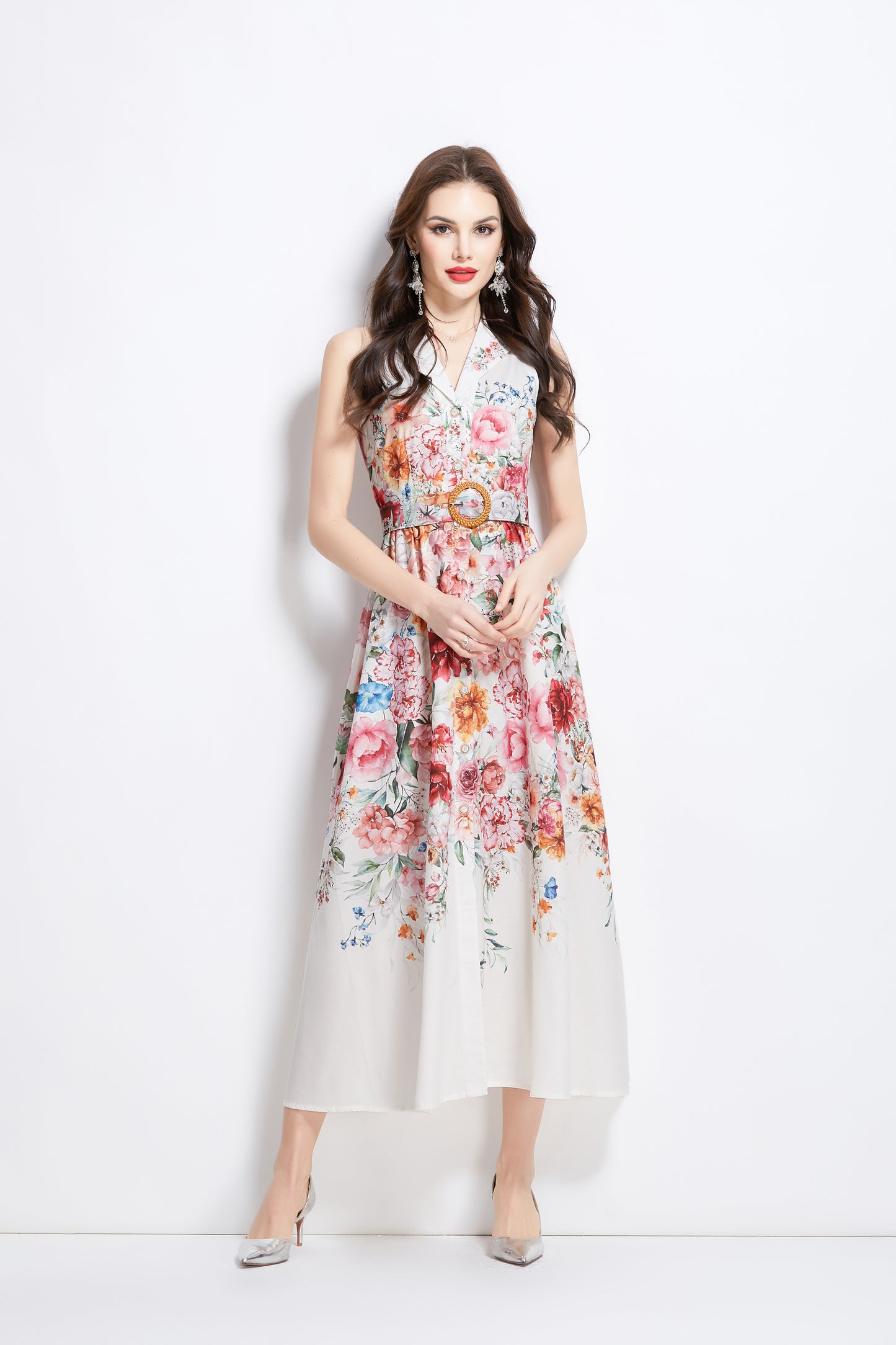 Women's Floral Print Sleeveless V Neck Maxi Dress
