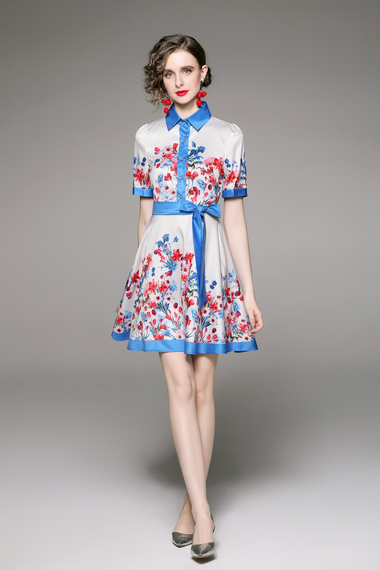 SSY-Women's Floral Lapel Collar Short Sleeve Mini Dress