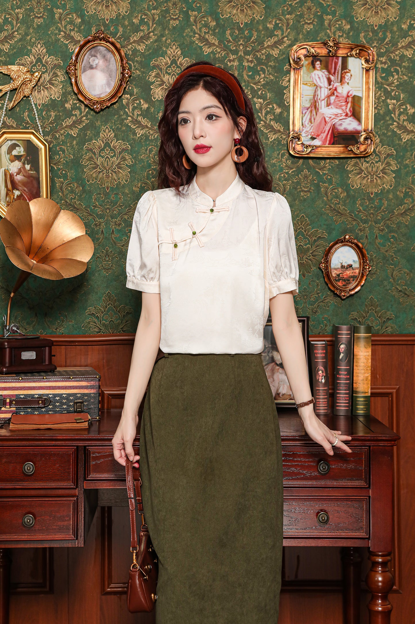 Women's Silk Satin Tops Button Jacquard Blouse
