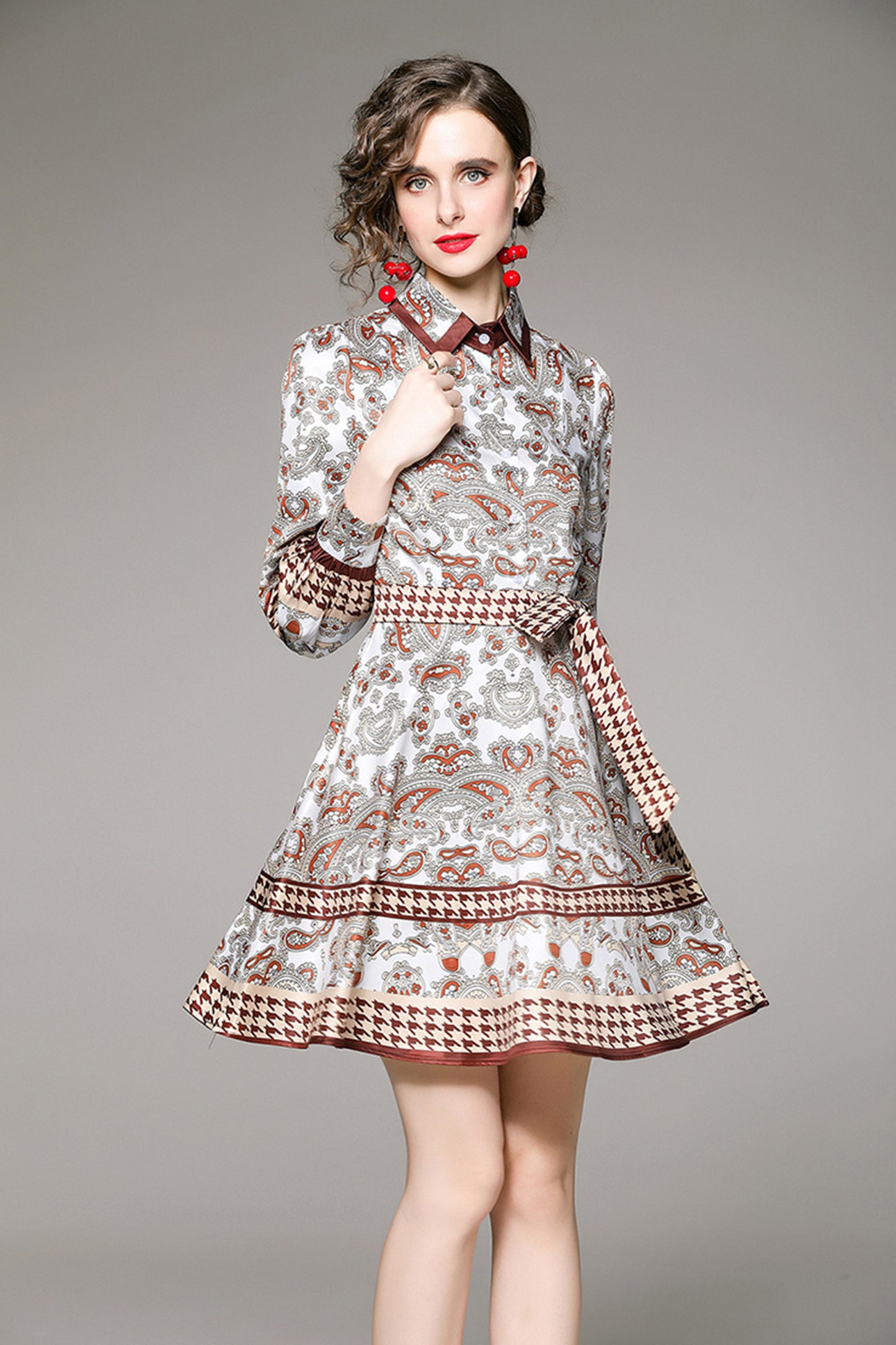 SSY-Women's Long Sleeve Lapel Collar Floral Mini Dress