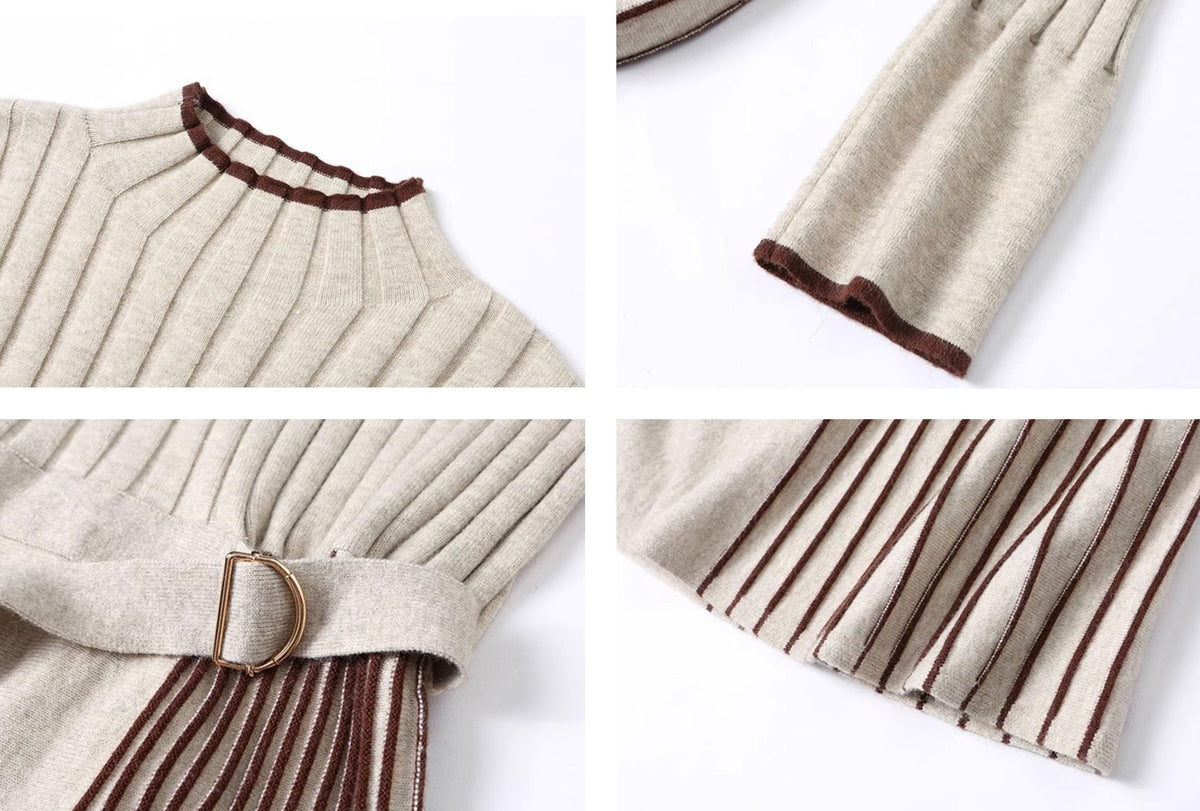 Elegant Knit Midi Dress: Half-High Collar & Asymmetrical Pleated Design