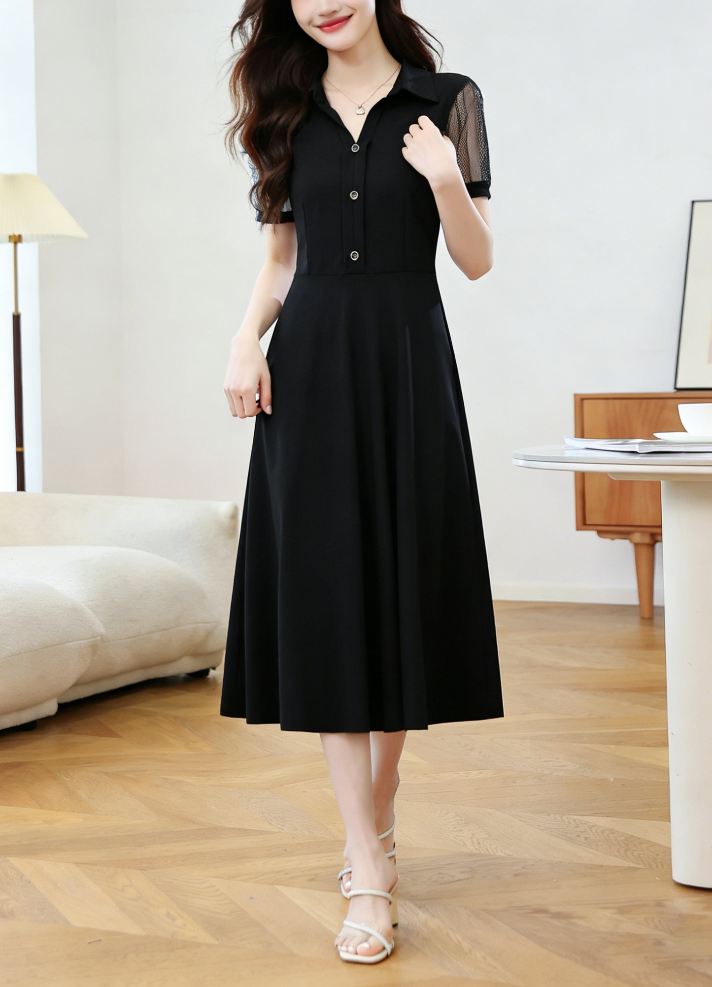 26-Women's Lapel V-Neck Pockets Midi Dress - LAI MENG FIVE CATS