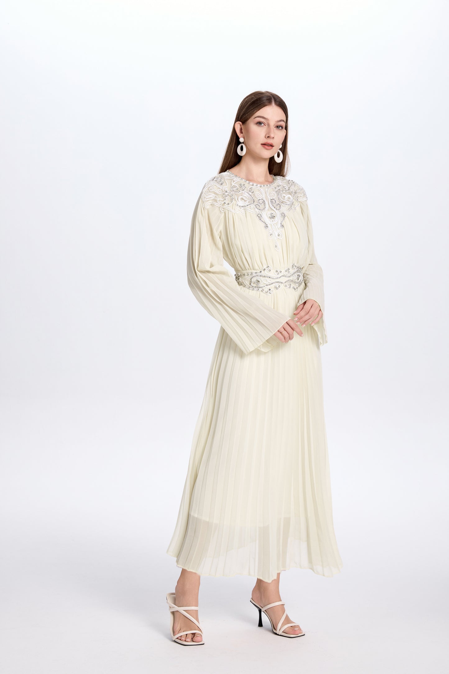 Women's Chiffon Beaded Flare Sleeves Maxi Dress