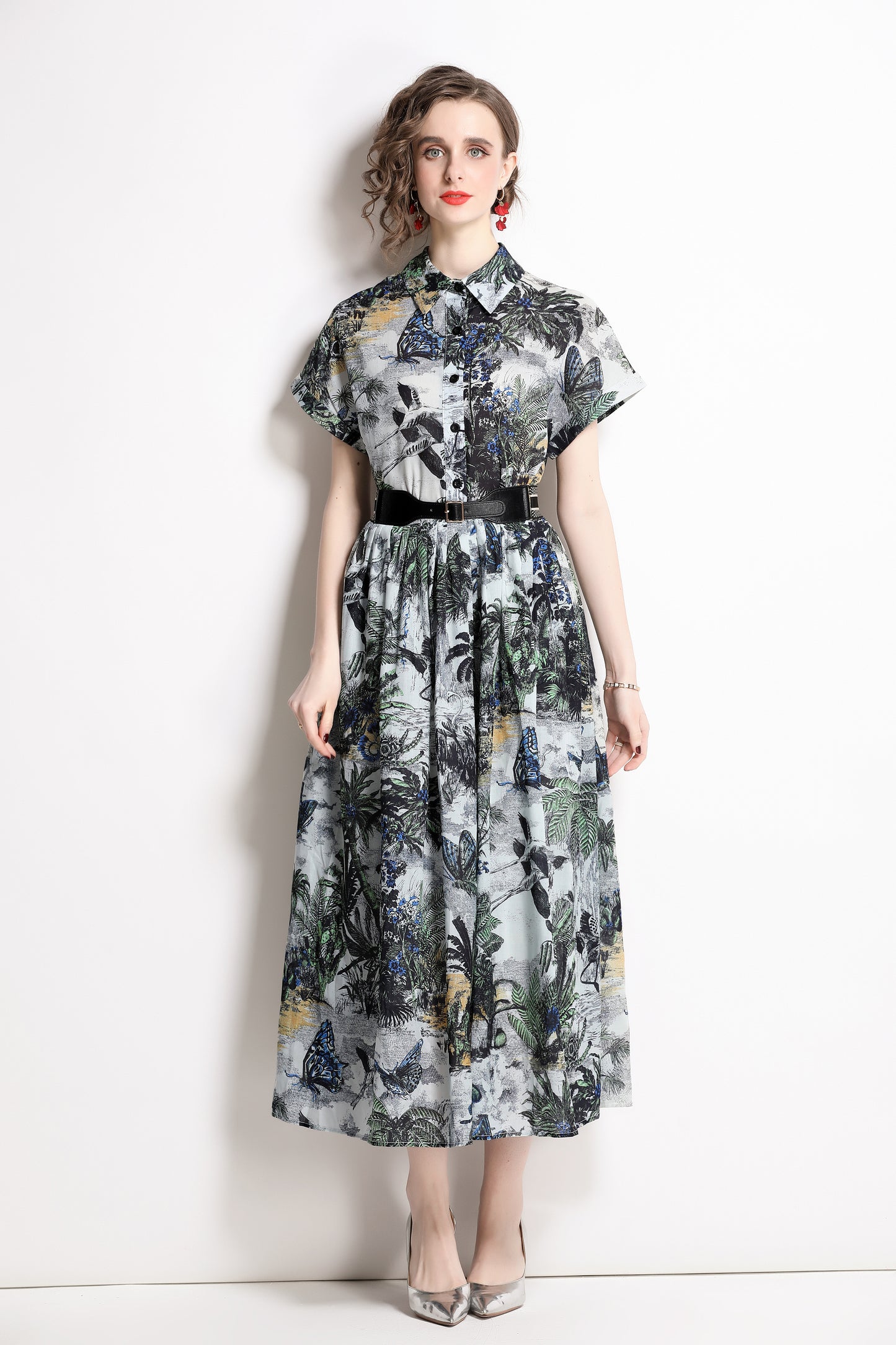 Women's Short Sleeves Collar Printed Midi Dress