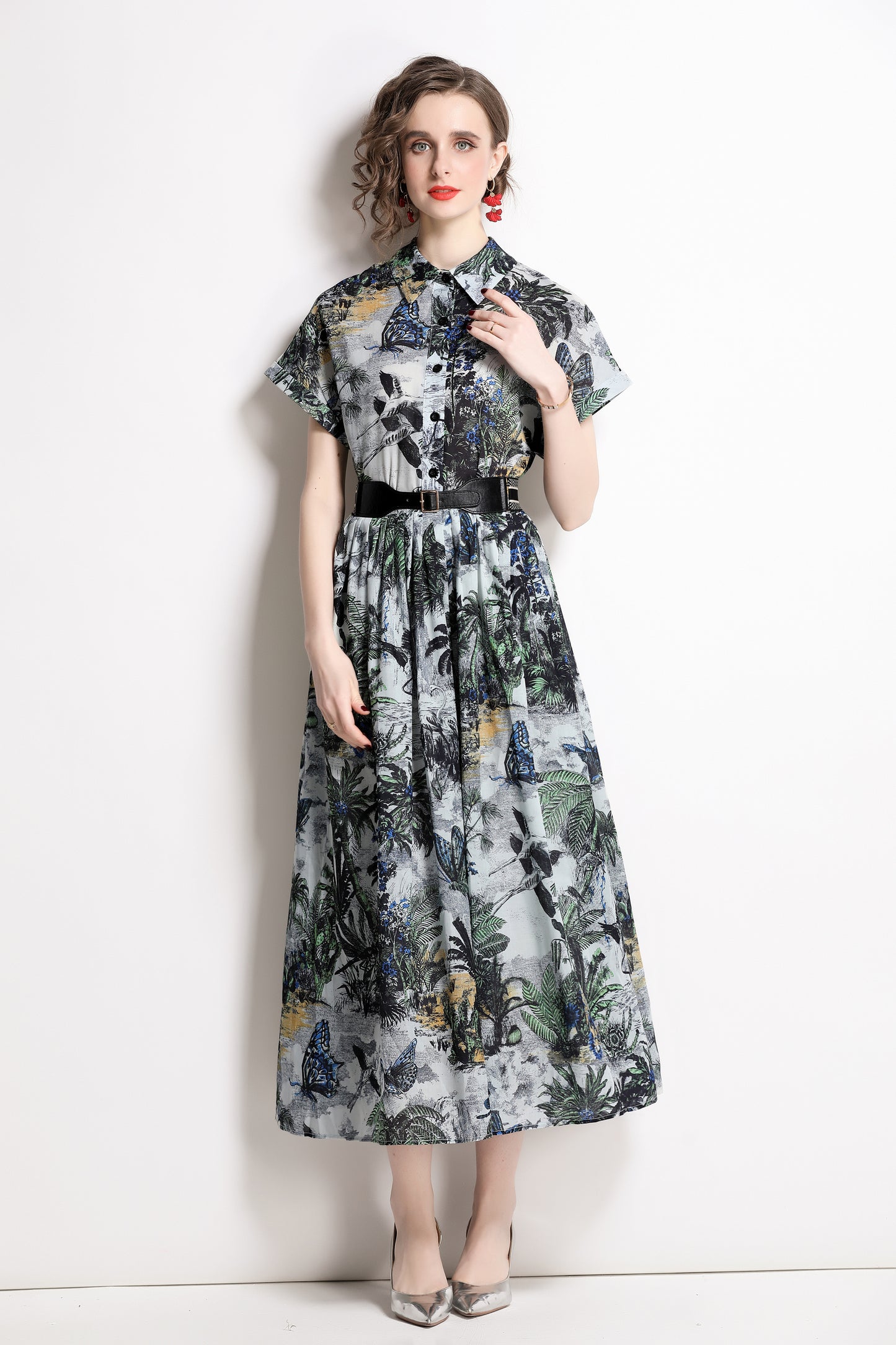 Women's Short Sleeves Collar Printed Midi Dress
