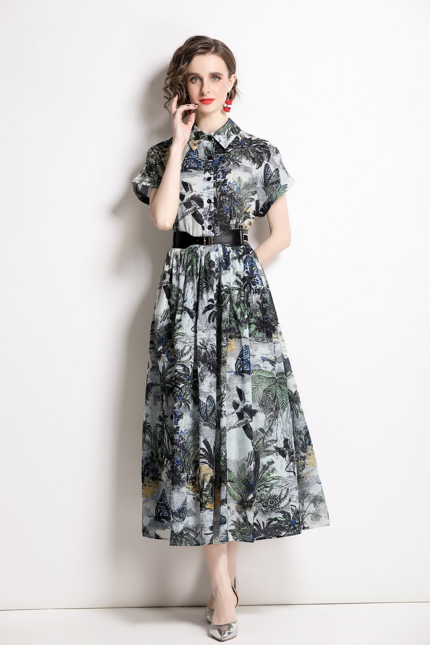 Women's Short Sleeves Collar Printed Midi Dress
