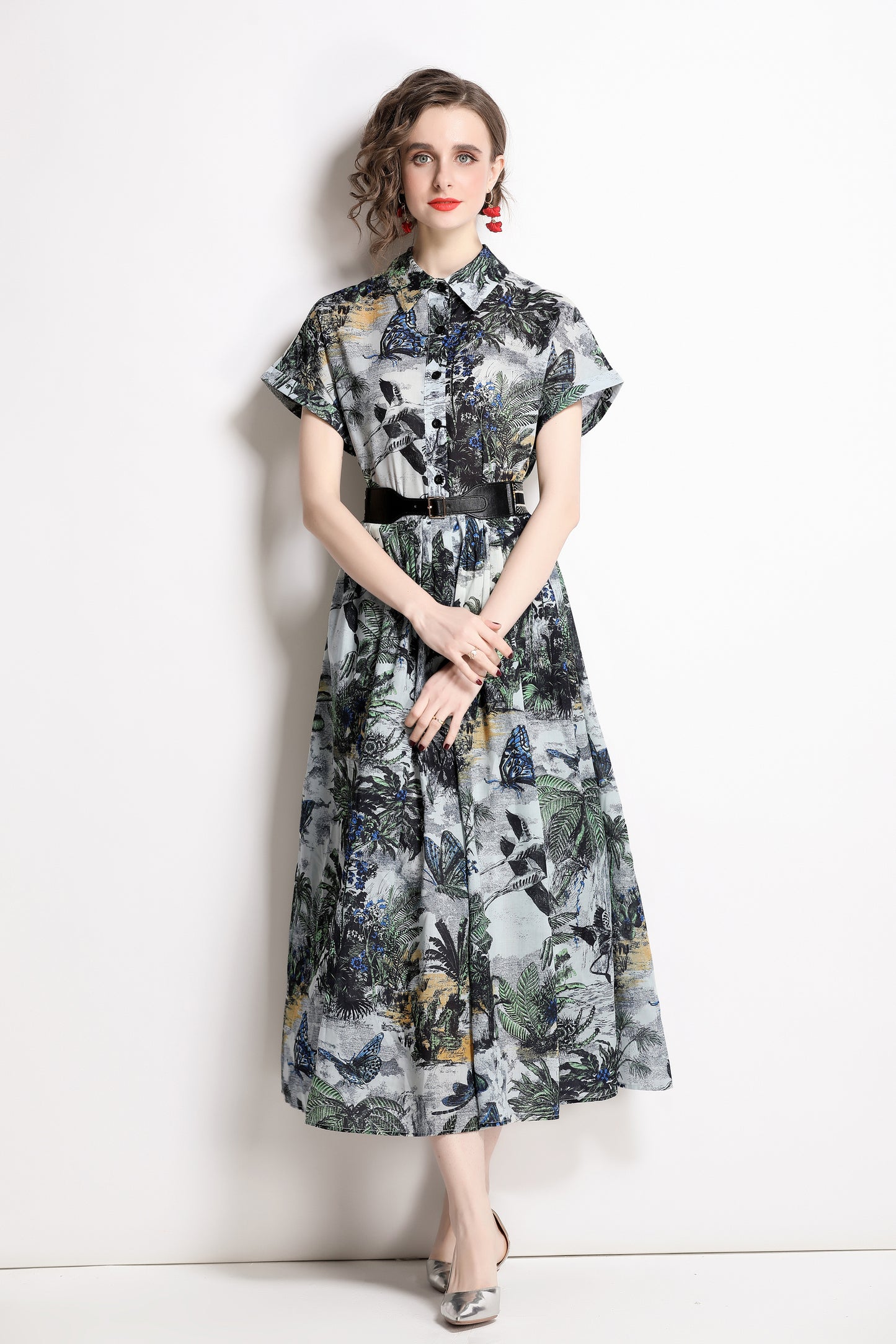 Women's Short Sleeves Collar Printed Midi Dress