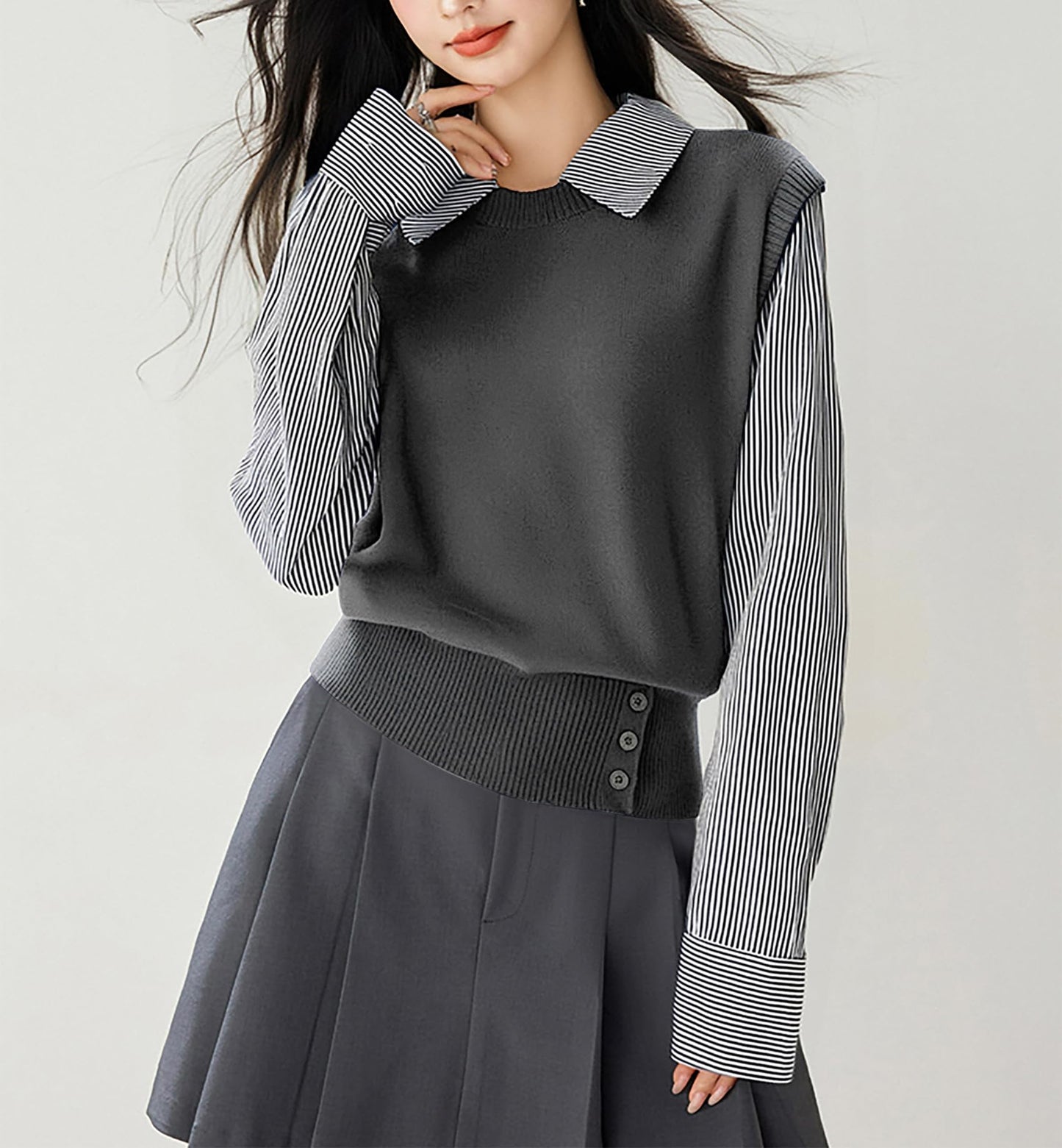 Women's Collared Stirpe Long Sleeve Pullover Sweater