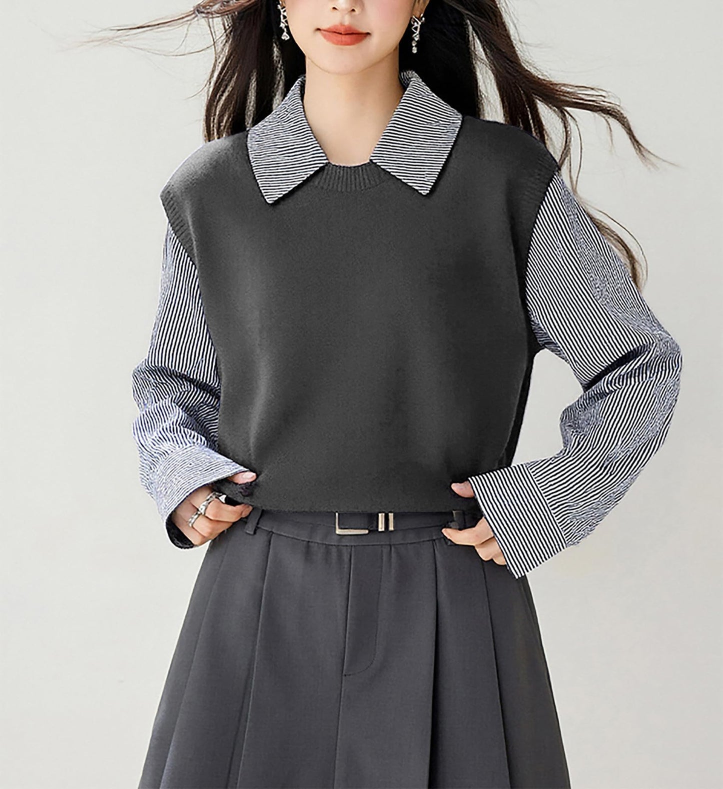 Women's Collared Stirpe Long Sleeve Pullover Sweater