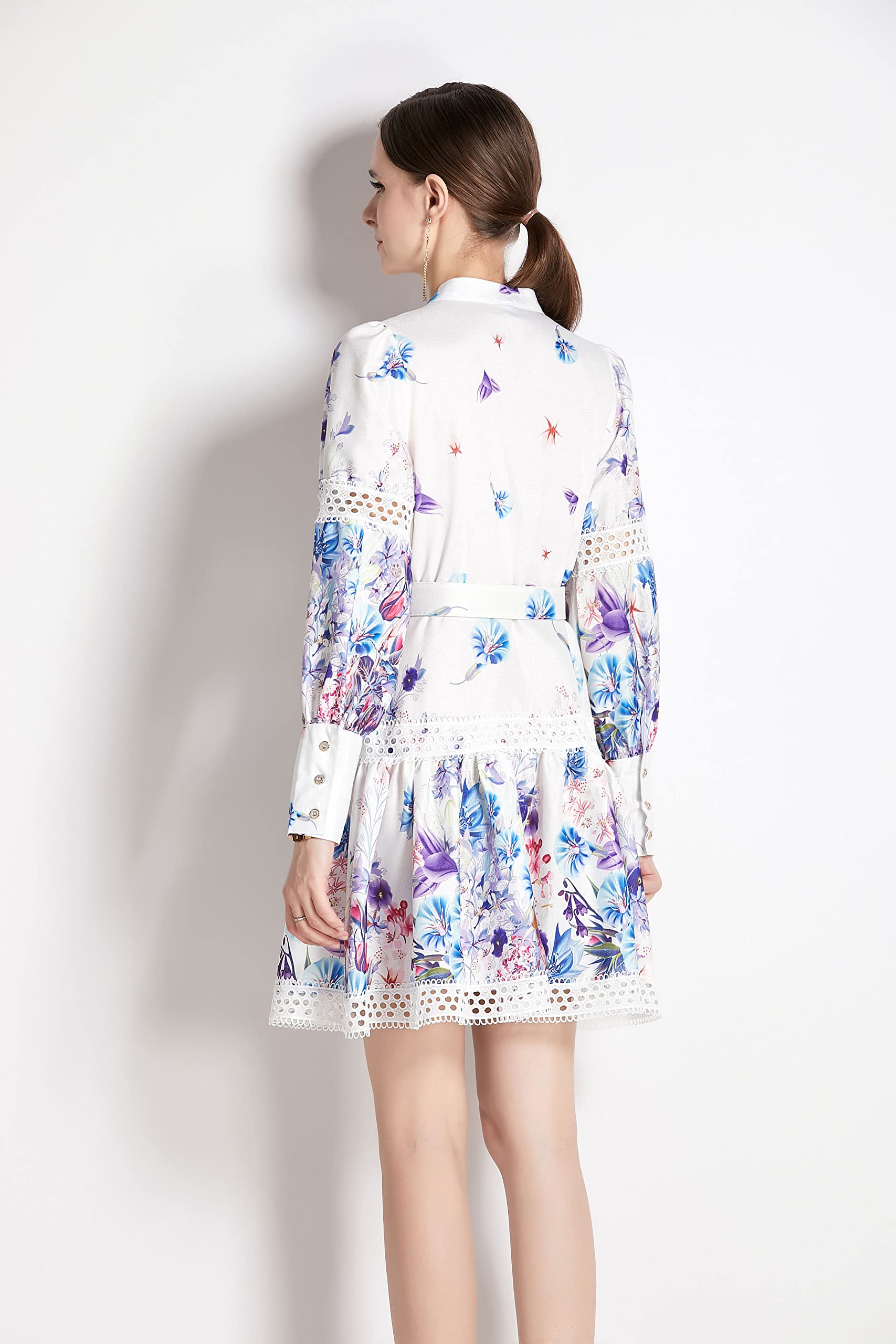 BK-Floral Print Button up Lantern Sleeve Mini Dress with Belt - LAI MENG FIVE CATS