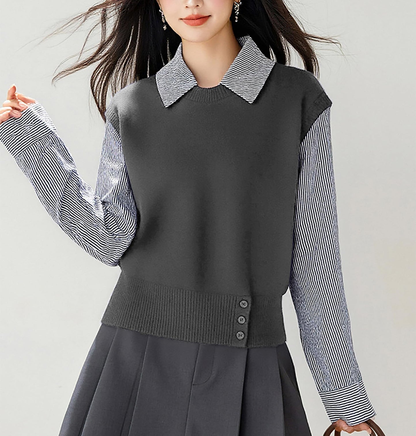 Women's Collared Stirpe Long Sleeve Pullover Sweater
