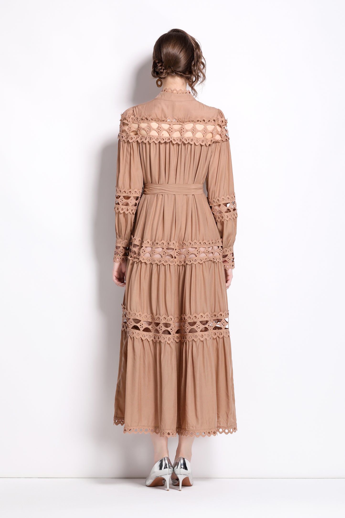 Button Lace Layered Hem Puff Sleeves Dress