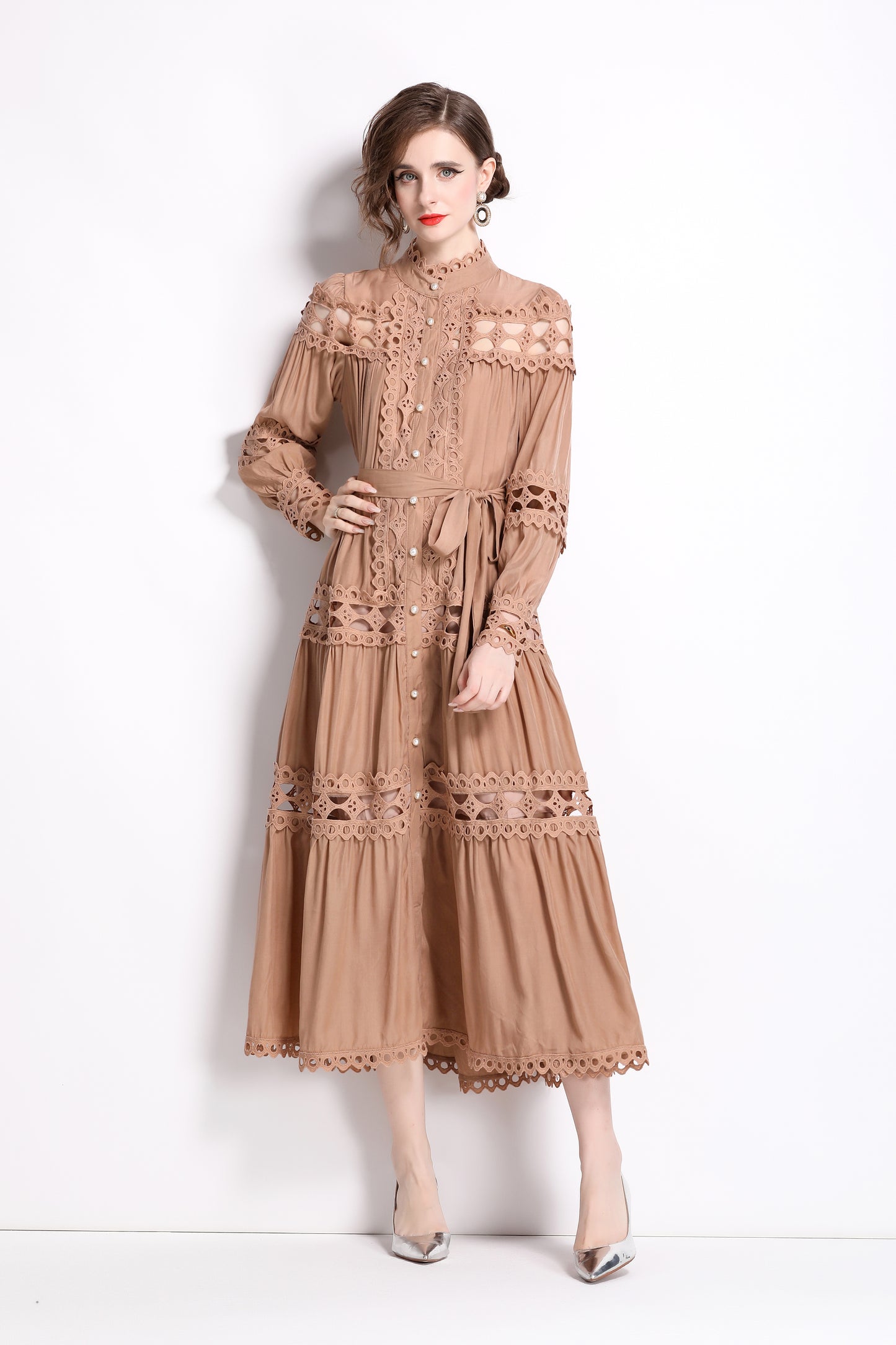 Button Lace Layered Hem Puff Sleeves Dress