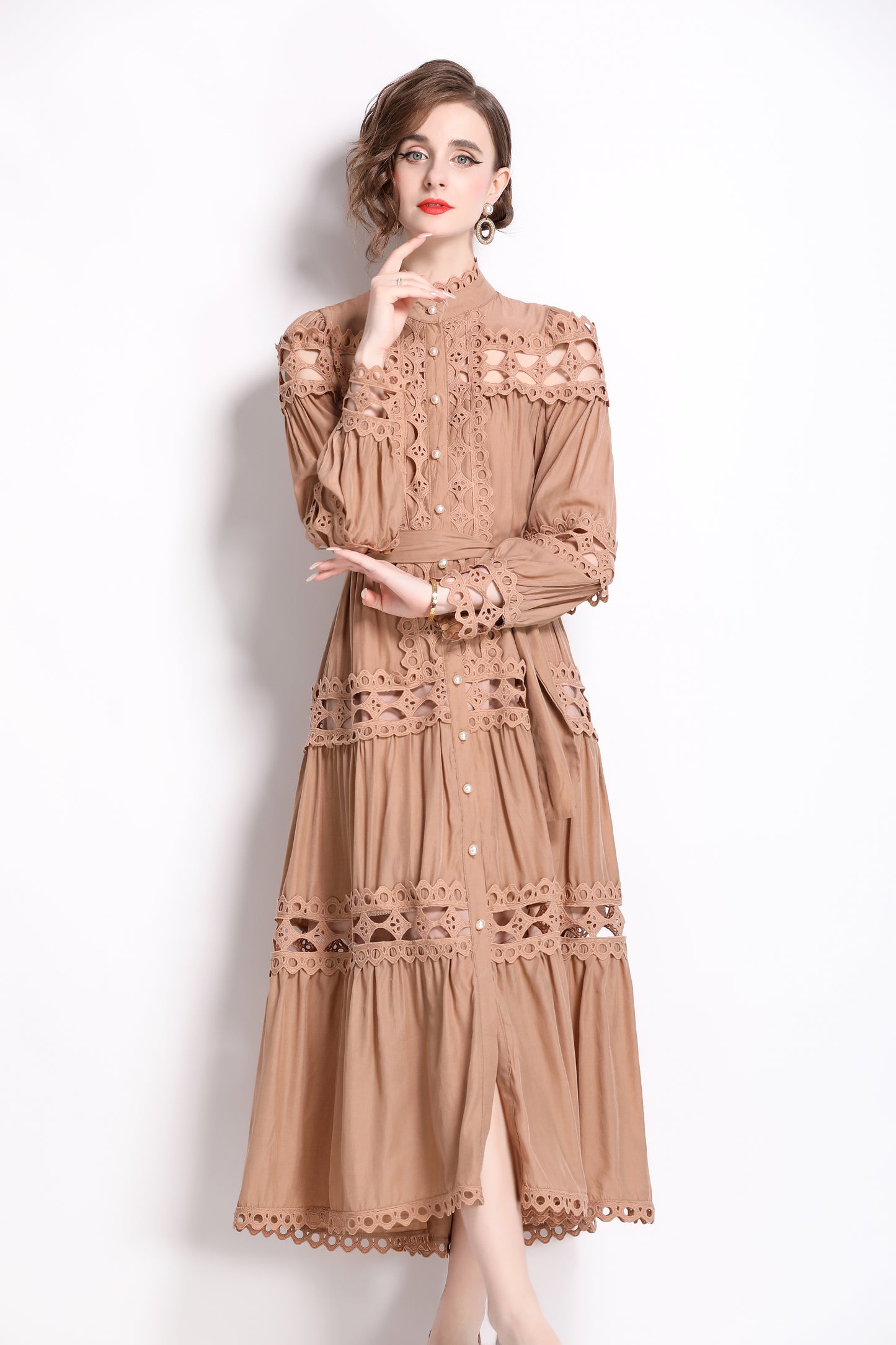 Button Lace Layered Hem Puff Sleeves Dress