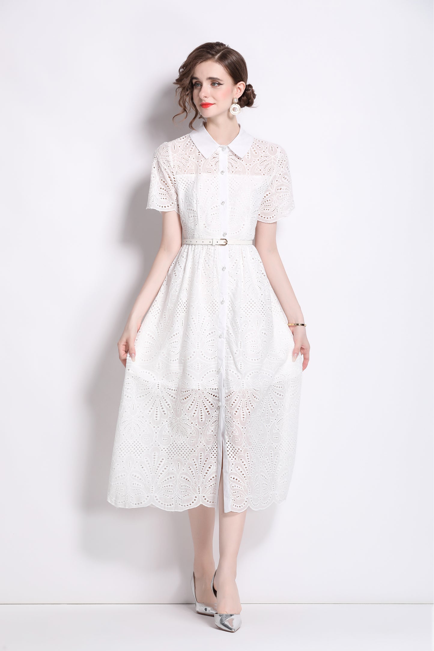 Women's Lace Hollow Collar Short Sleeve Midi Dress