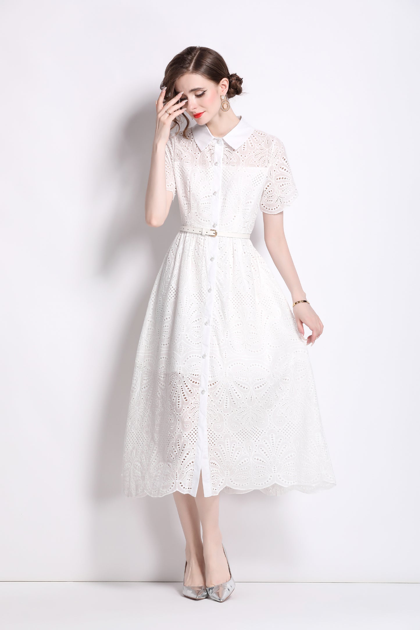 Women's Lace Hollow Collar Short Sleeve Midi Dress