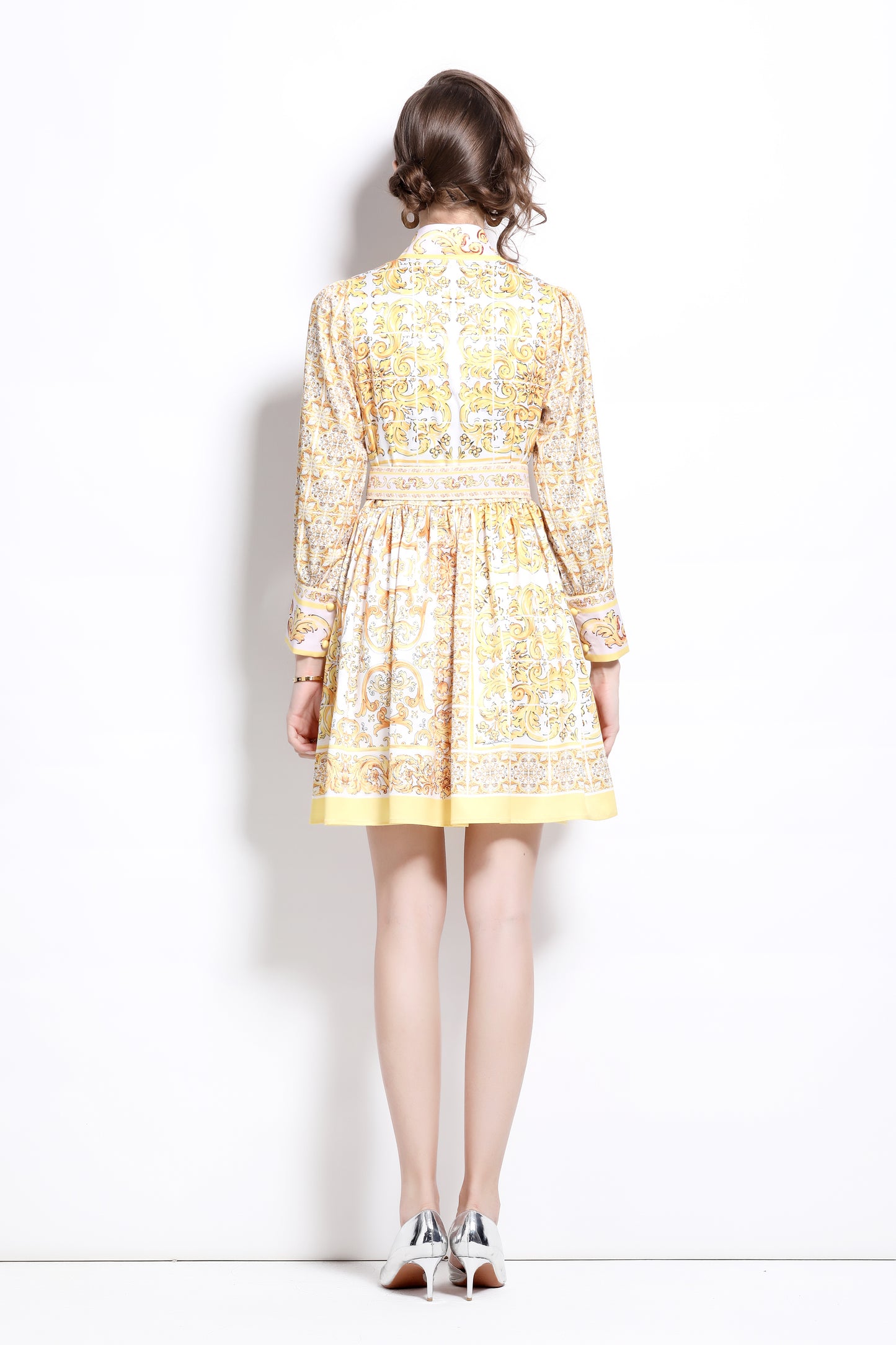 BK-Floral Print Long Sleeve Mini Dress with Belt
