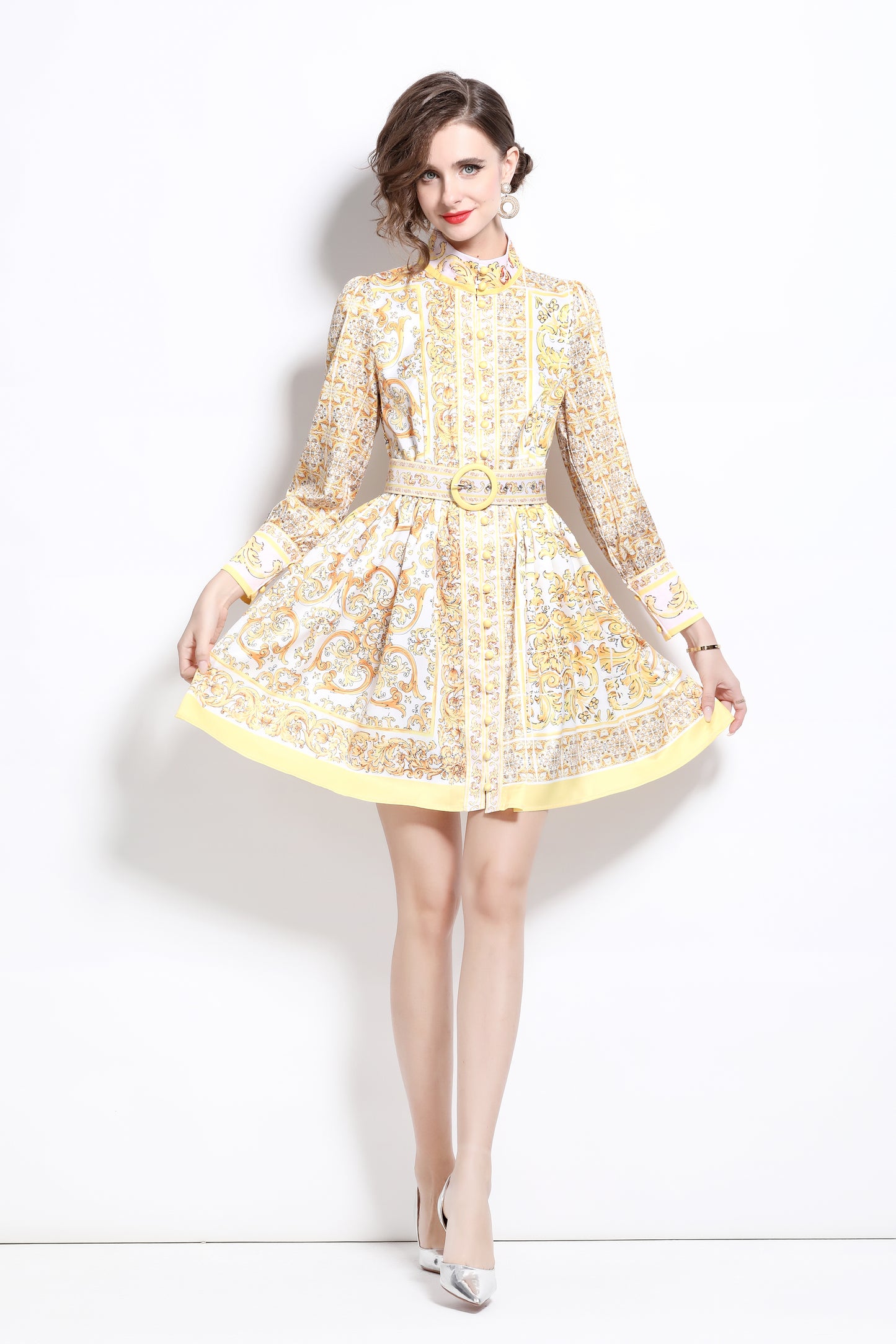 BK-Floral Print Long Sleeve Mini Dress with Belt