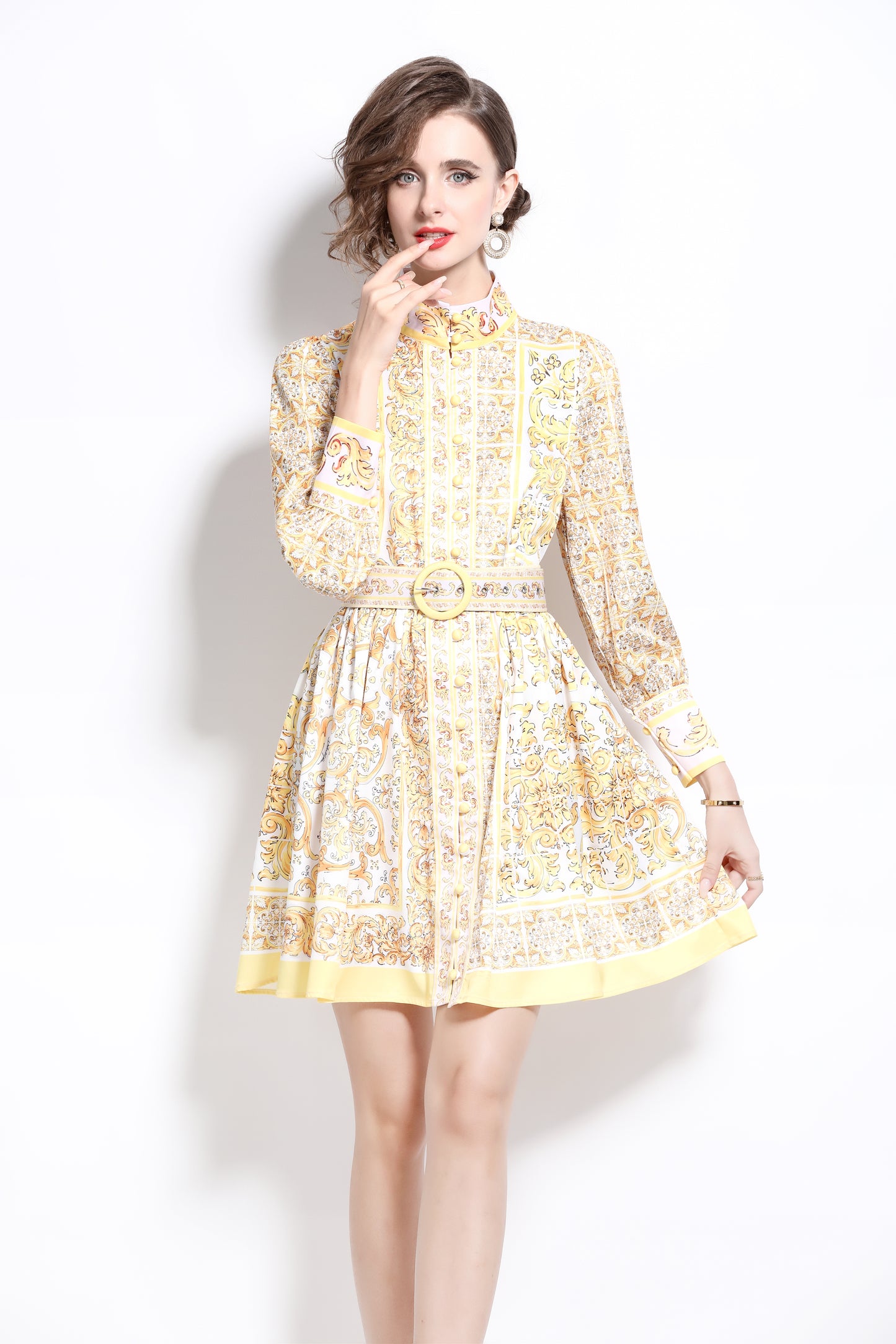 BK-Floral Print Long Sleeve Mini Dress with Belt