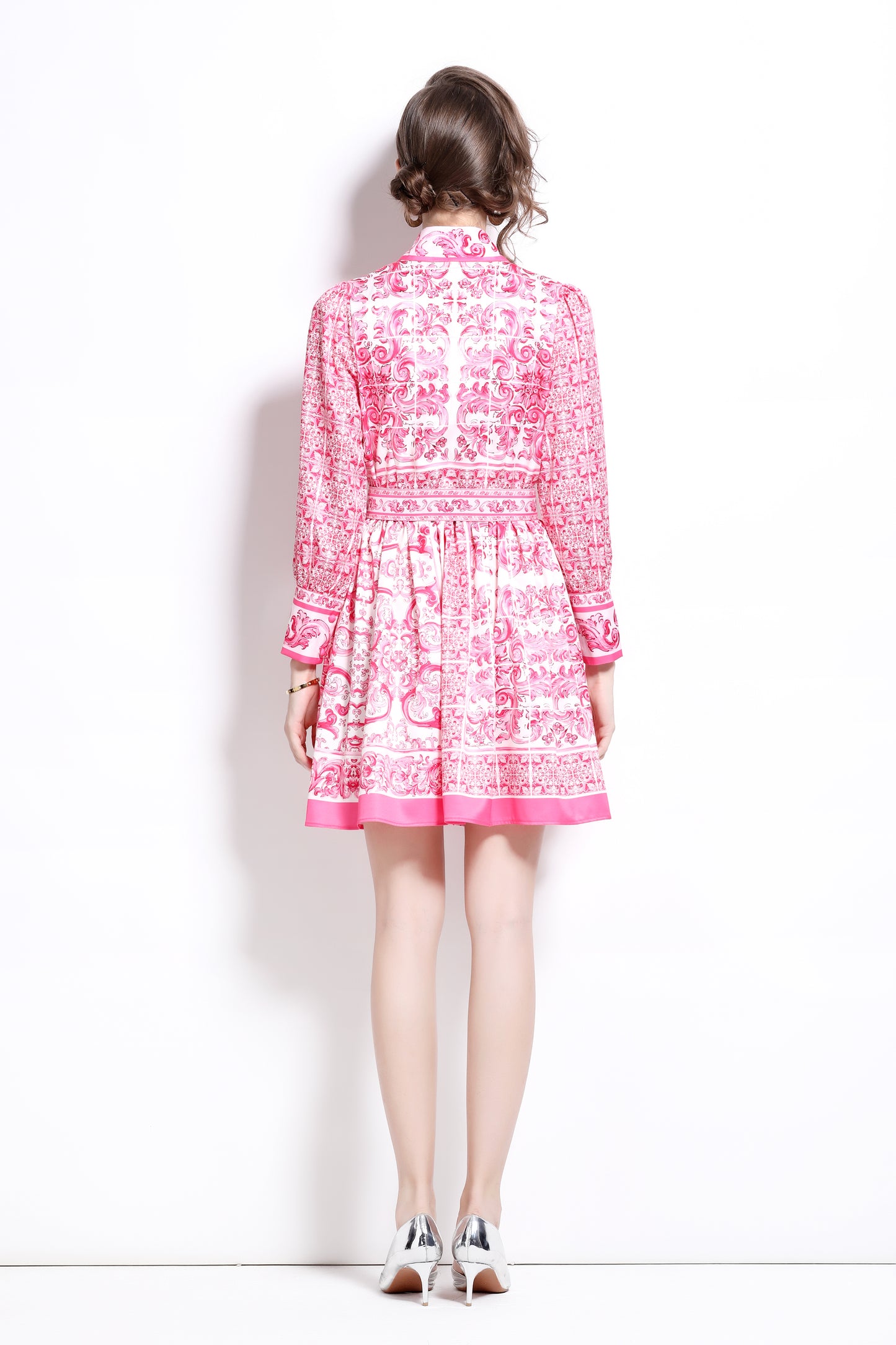 BK-Floral Print Long Sleeve Mini Dress with Belt