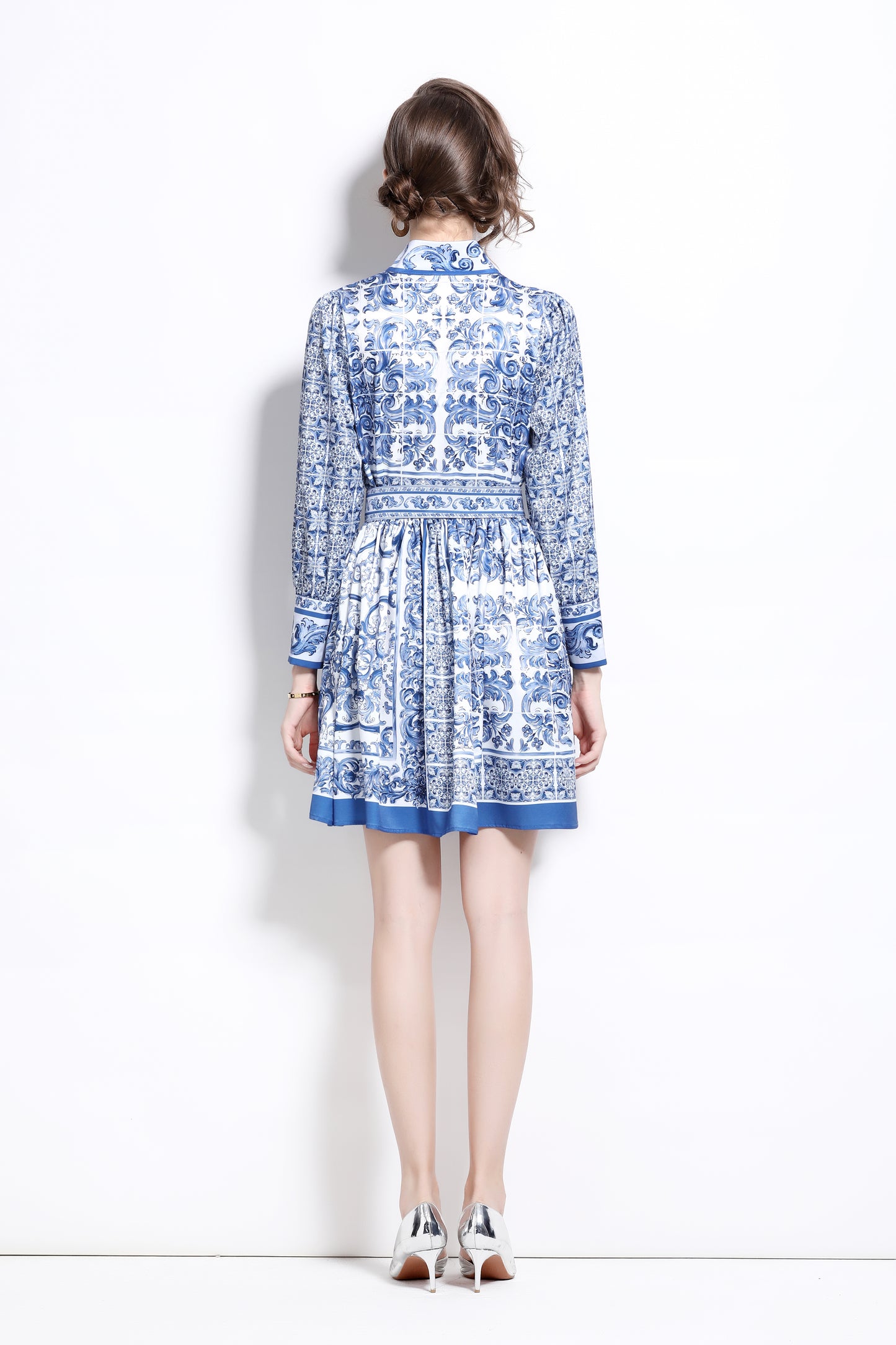 BK-Floral Print Long Sleeve Mini Dress with Belt