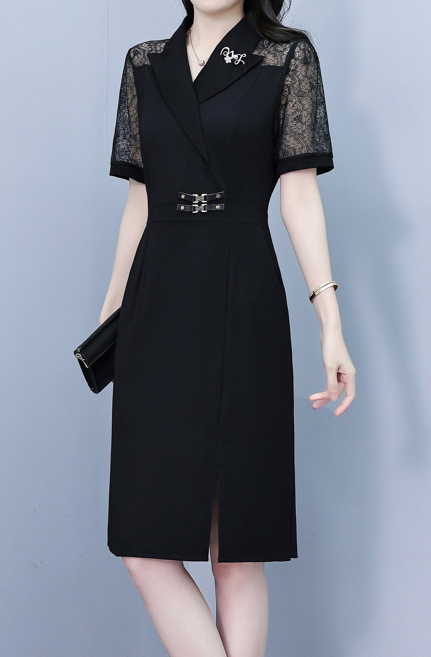Black A-Line Midi Dress with Lace Sleeve Detail - LAI MENG FIVE CATS