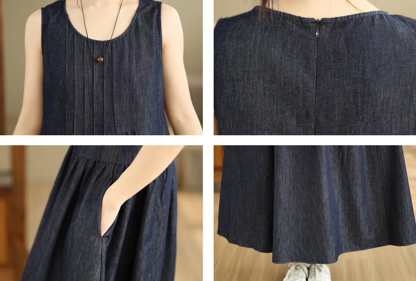 Casual Sleeveless Denim Loose Vest Midi Dress with Pockets