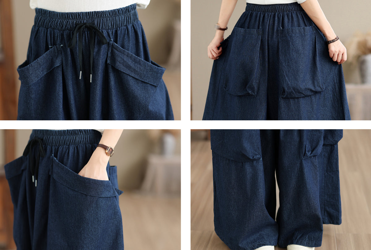 Women's Oversized Denim Wide Leg Pants Drawstring with Large Pockets - LAI MENG FIVE CATS