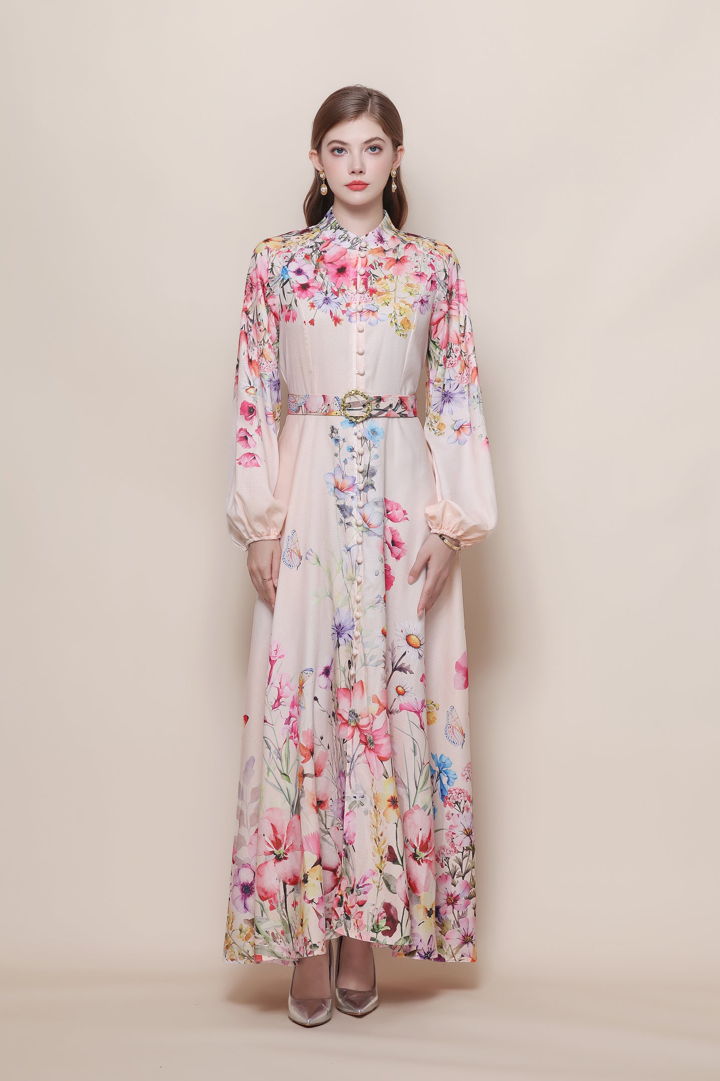 26-Women's Floral Print Puff Sleeve Button Maxi Dress - LAI MENG FIVE CATS