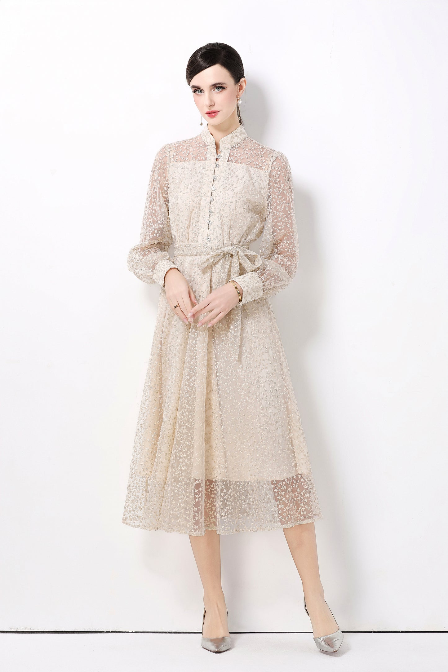 Women's Lace Lantern Sleeve Button Midi Dress - LAI MENG FIVE CATS