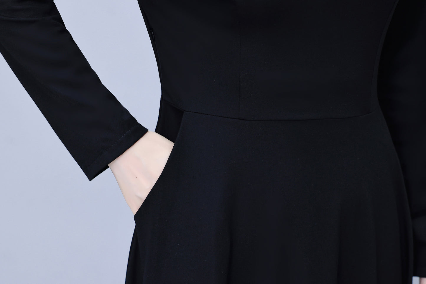 Women's V-Neck with Pockets Long Sleeve Black Dress