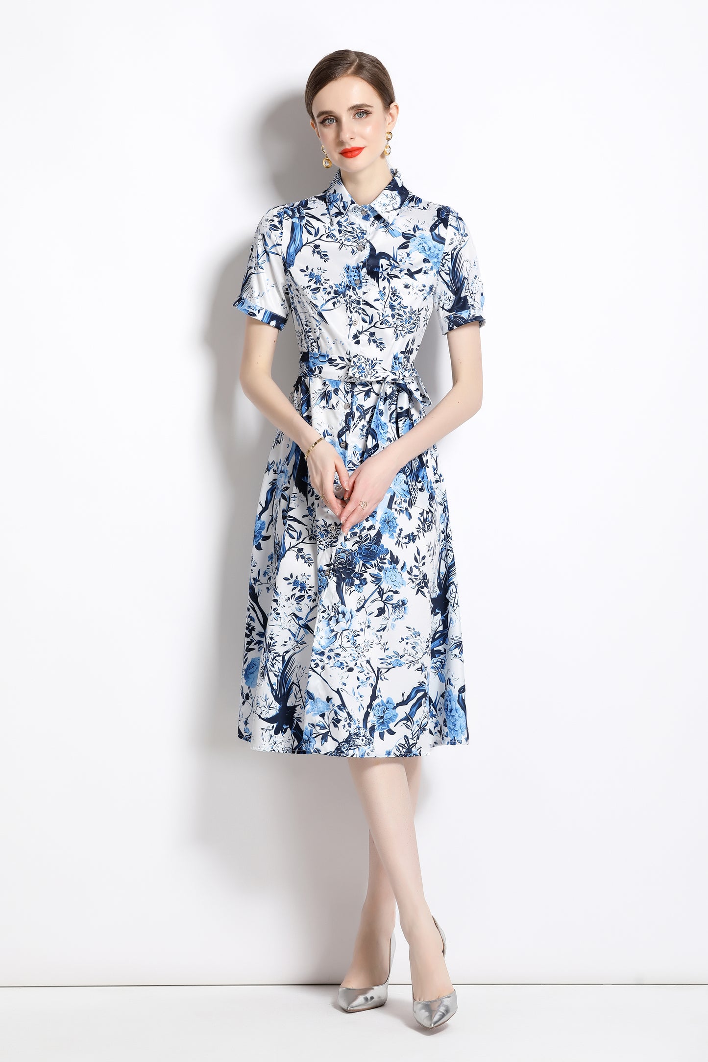 FSY-Women's Short Sleeve Floral Print Button Midi Dress