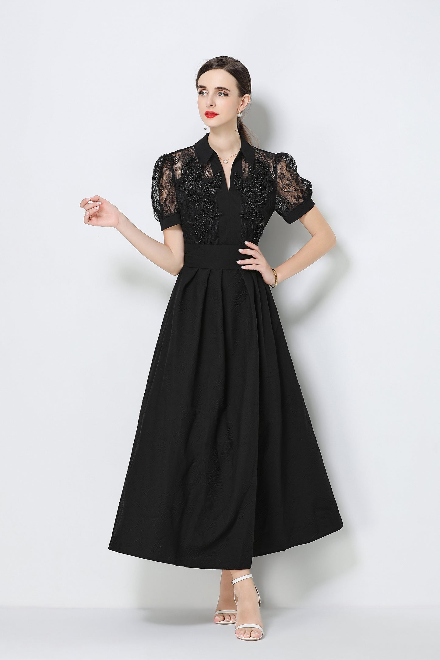 Elegant V-Neck Puff Sleeve Lace Jacquard Maxi Black Dress - LAI MENG FIVE CATS
