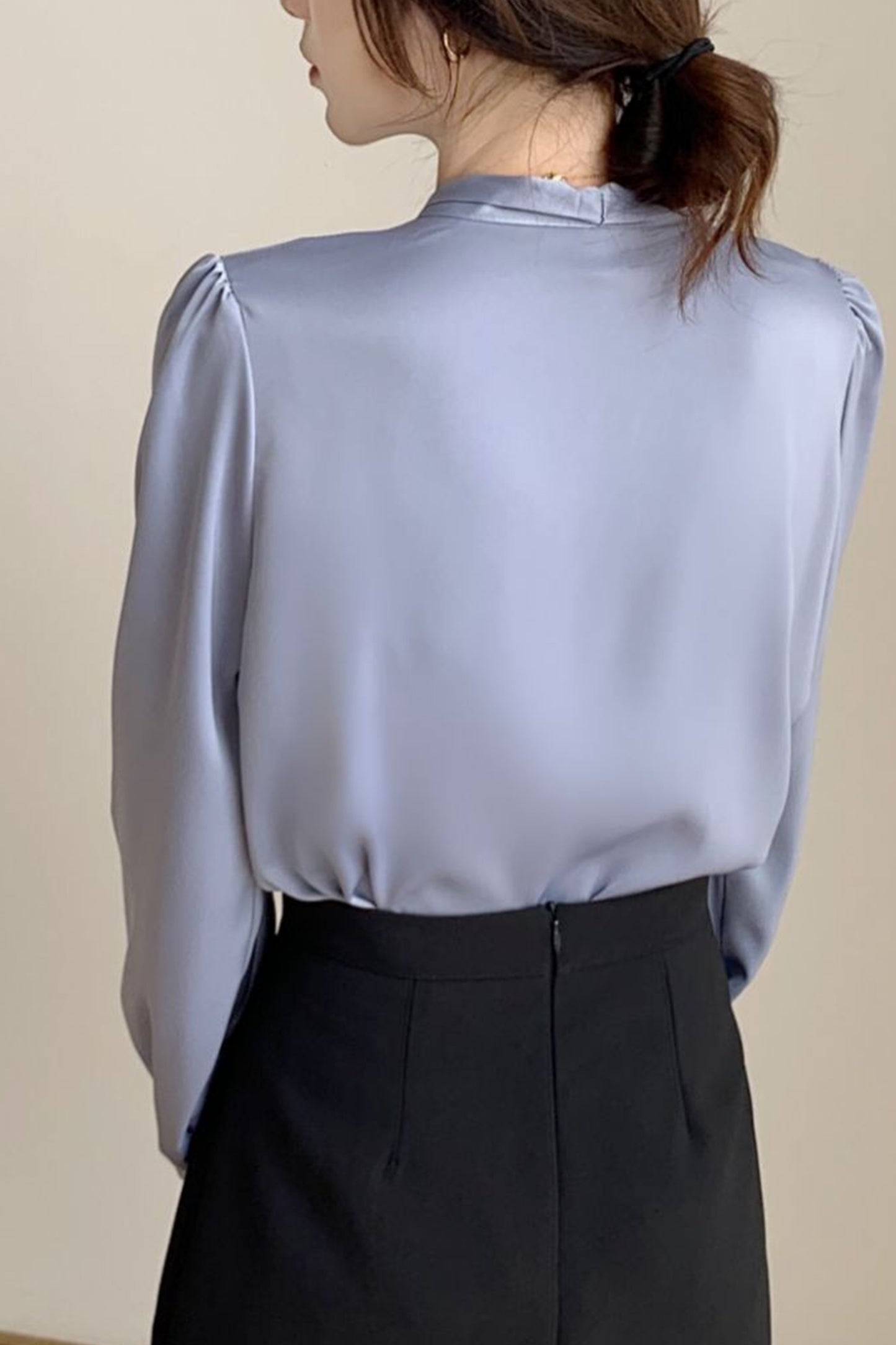Women's Stain Shirt Tie Neck Long Sleeve Blouse Top