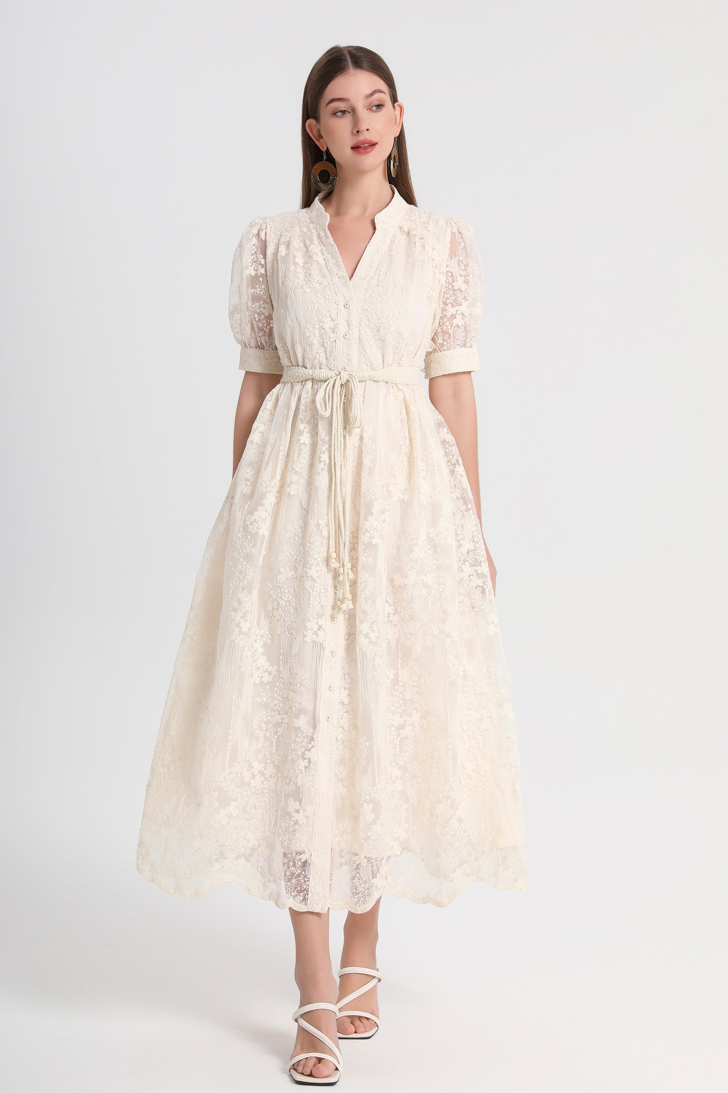 Women'sTulle Embroidery V-Neck Lace Midi Dress