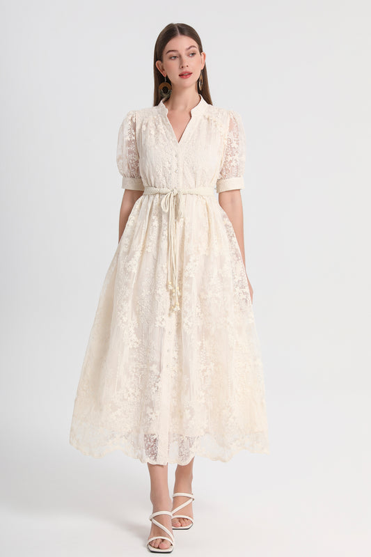 Women'sTulle Embroidery V-Neck Lace Midi Dress