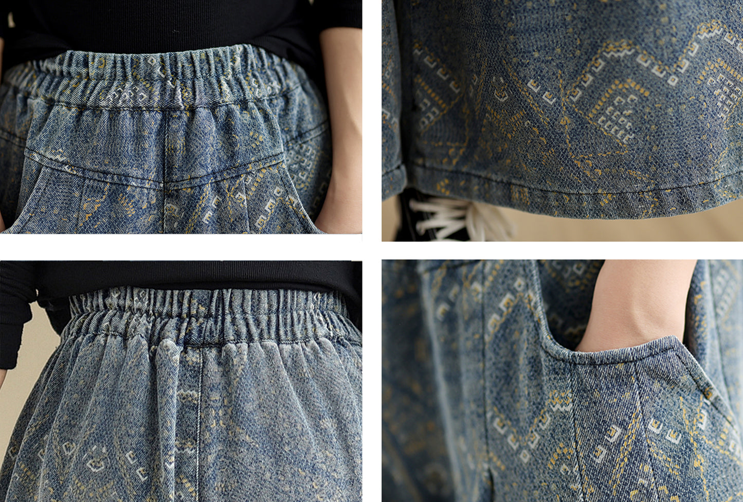 Loose Elastic Waist Wide Leg Denim Pants