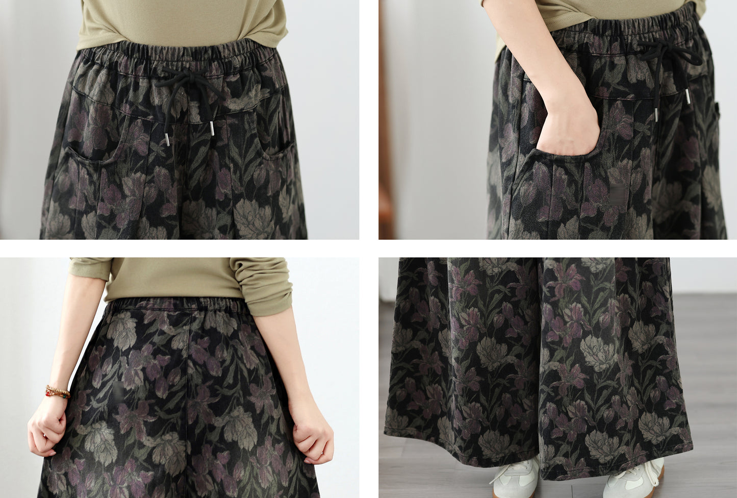 Boho Dark Floral Wide-Leg Jeans Elastic Waist Denim Pants - LAI MENG FIVE CATS