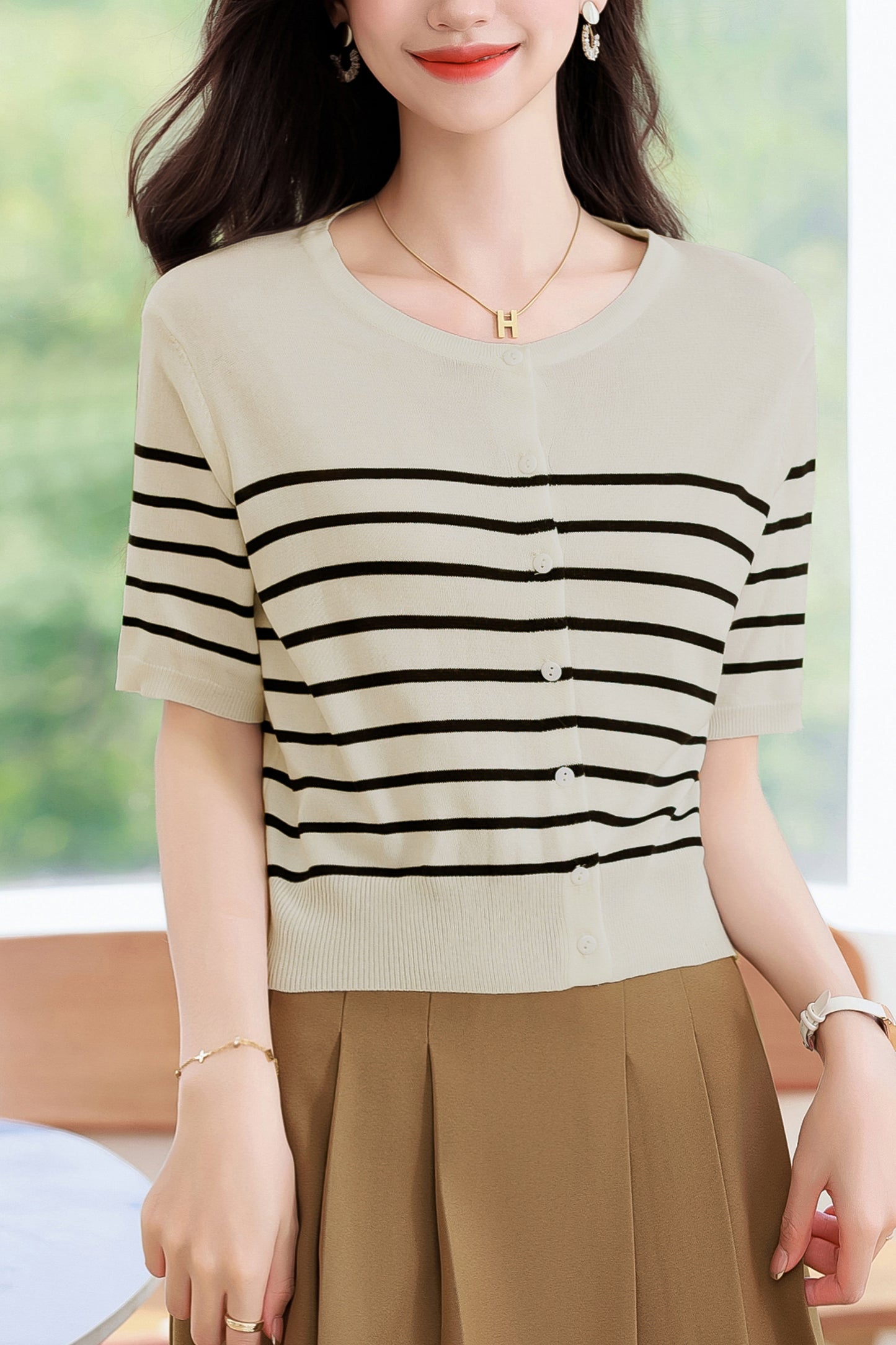 Women's Stripes Short Sleeve Knit Cardigan Tops