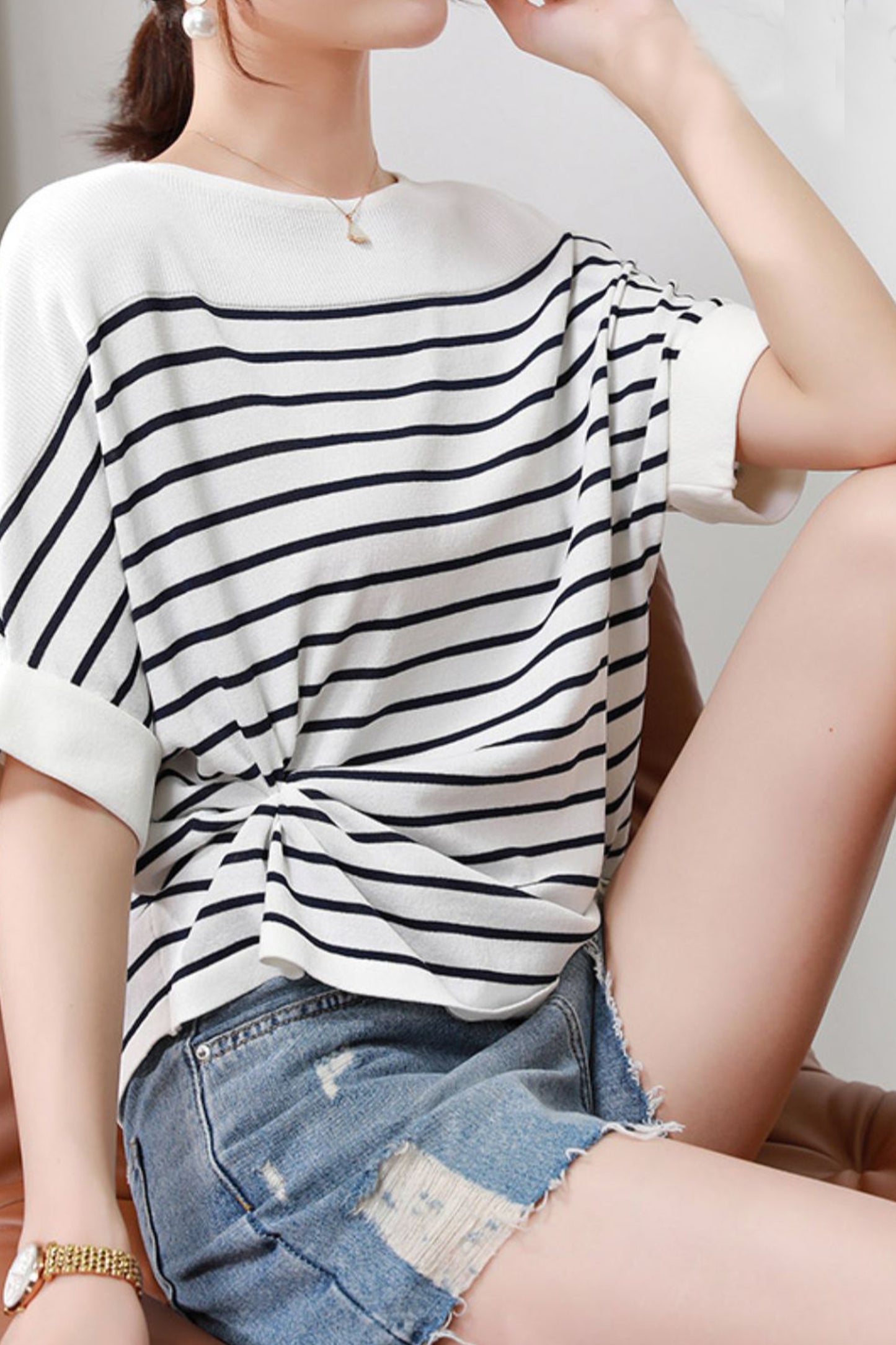 Women's Batwing Sleeves Knitted Striped Pullovers Tops