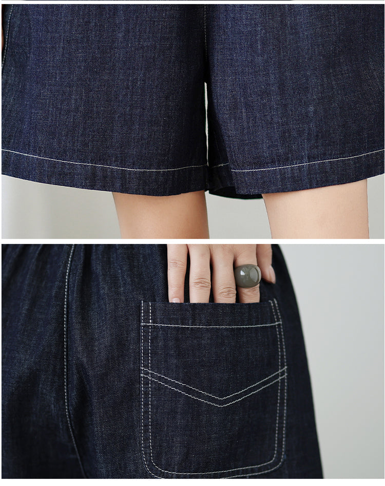 Women's Baggy Pull On Jeans Ripped Denim Shorts - LAI MENG FIVE CATS