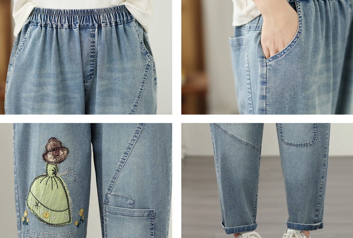 Women's Casual Denim Harem Jeans Elastic Waist Loose Pants