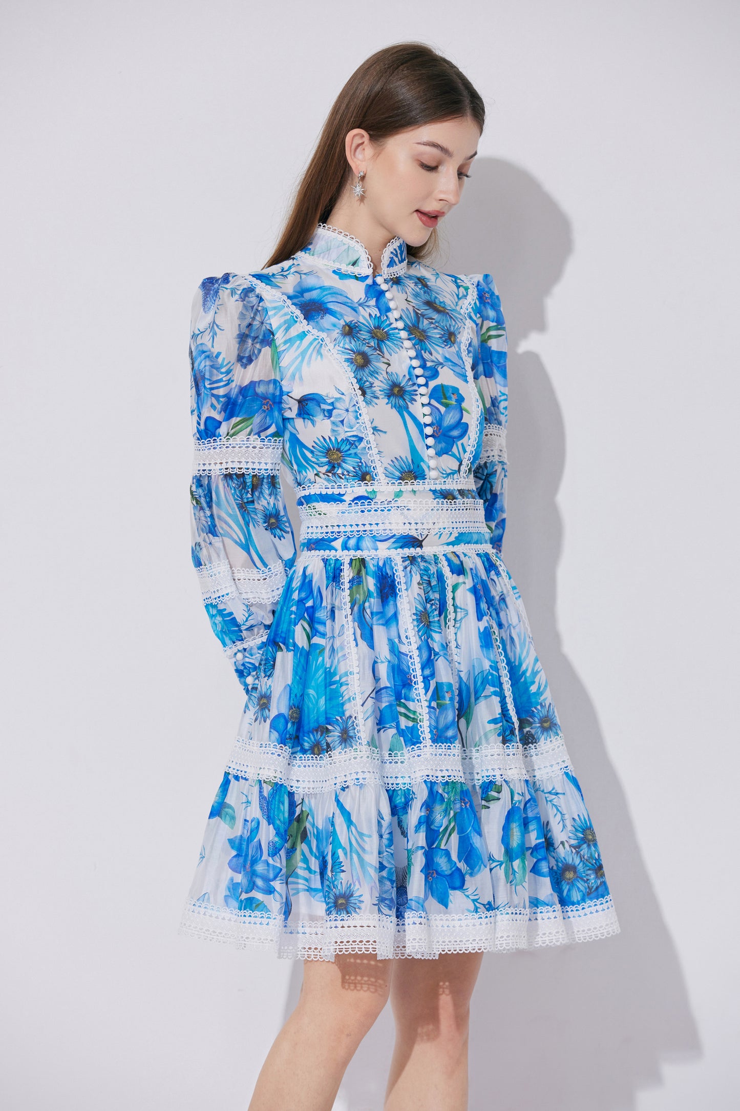 Women's Puff Sleeves Hollow Mesh Mini Dress