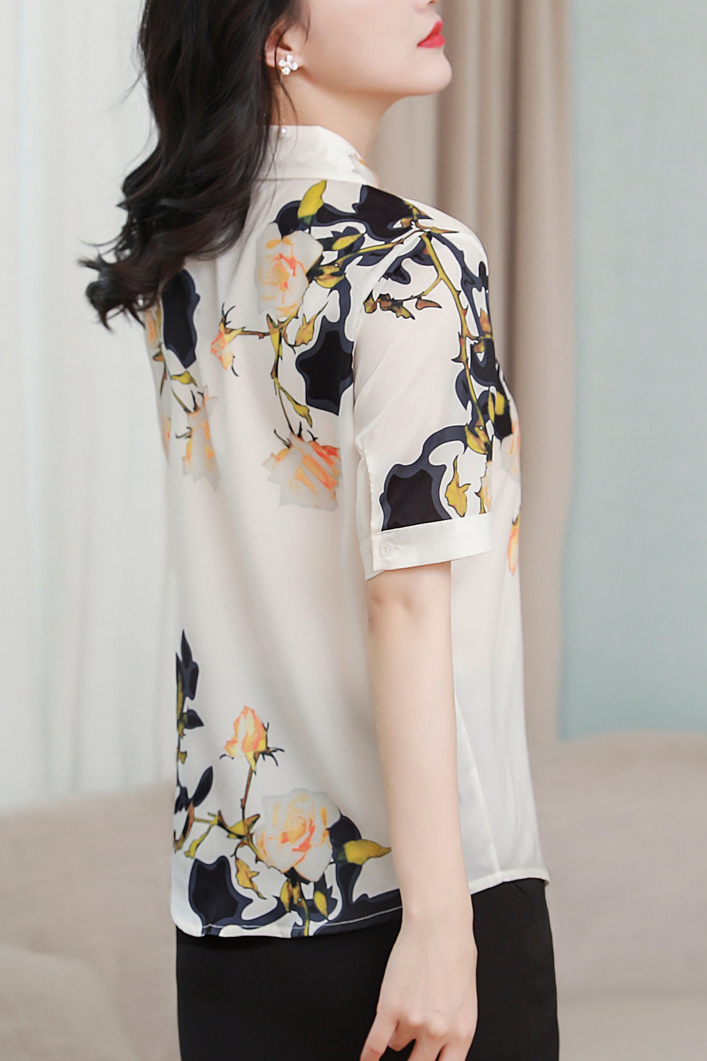 Women's Collared Floral Print Blouse Short Sleeve Tops