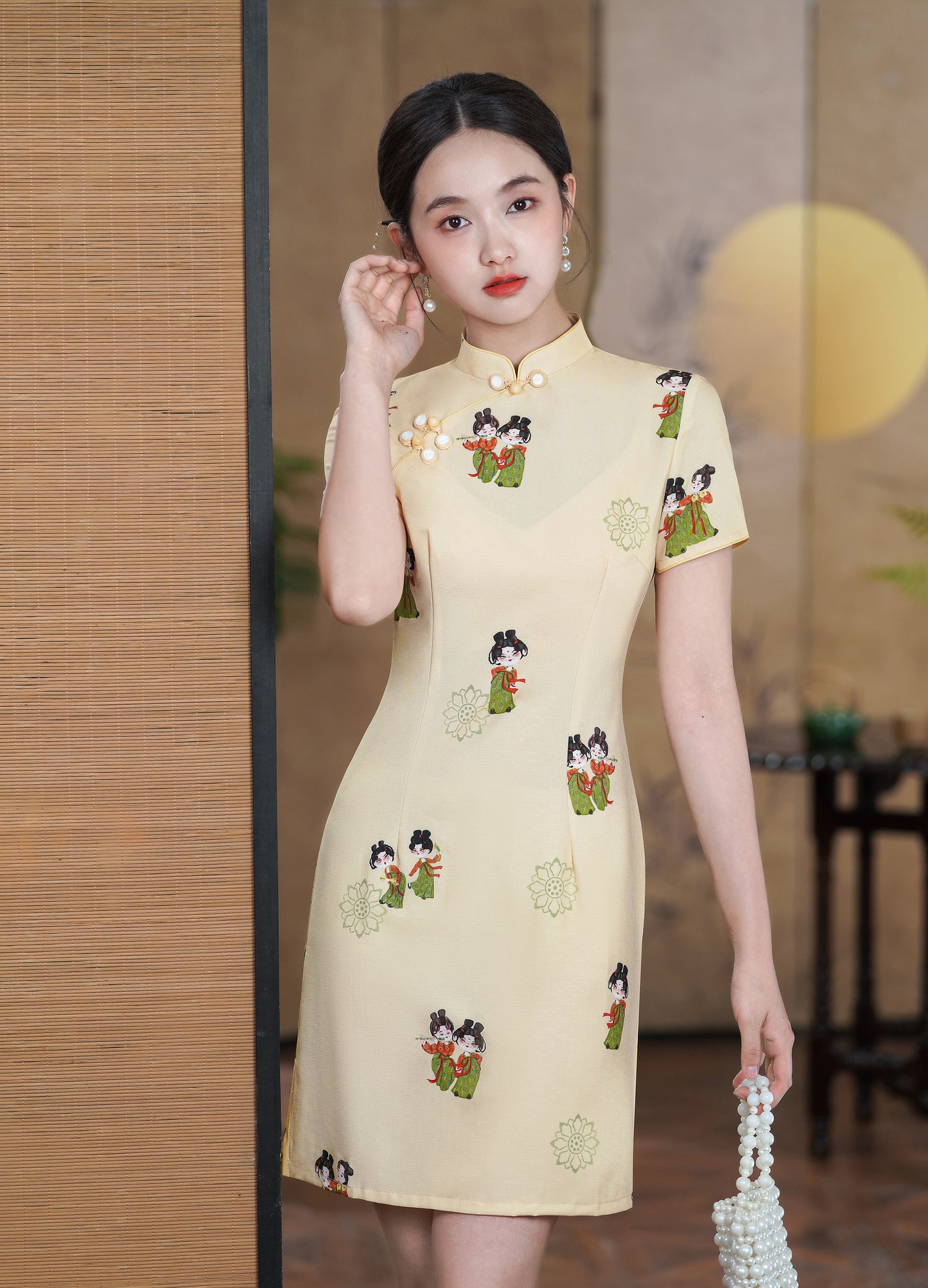 Women's Cheongsam Print Short Sleeve Mini Dress