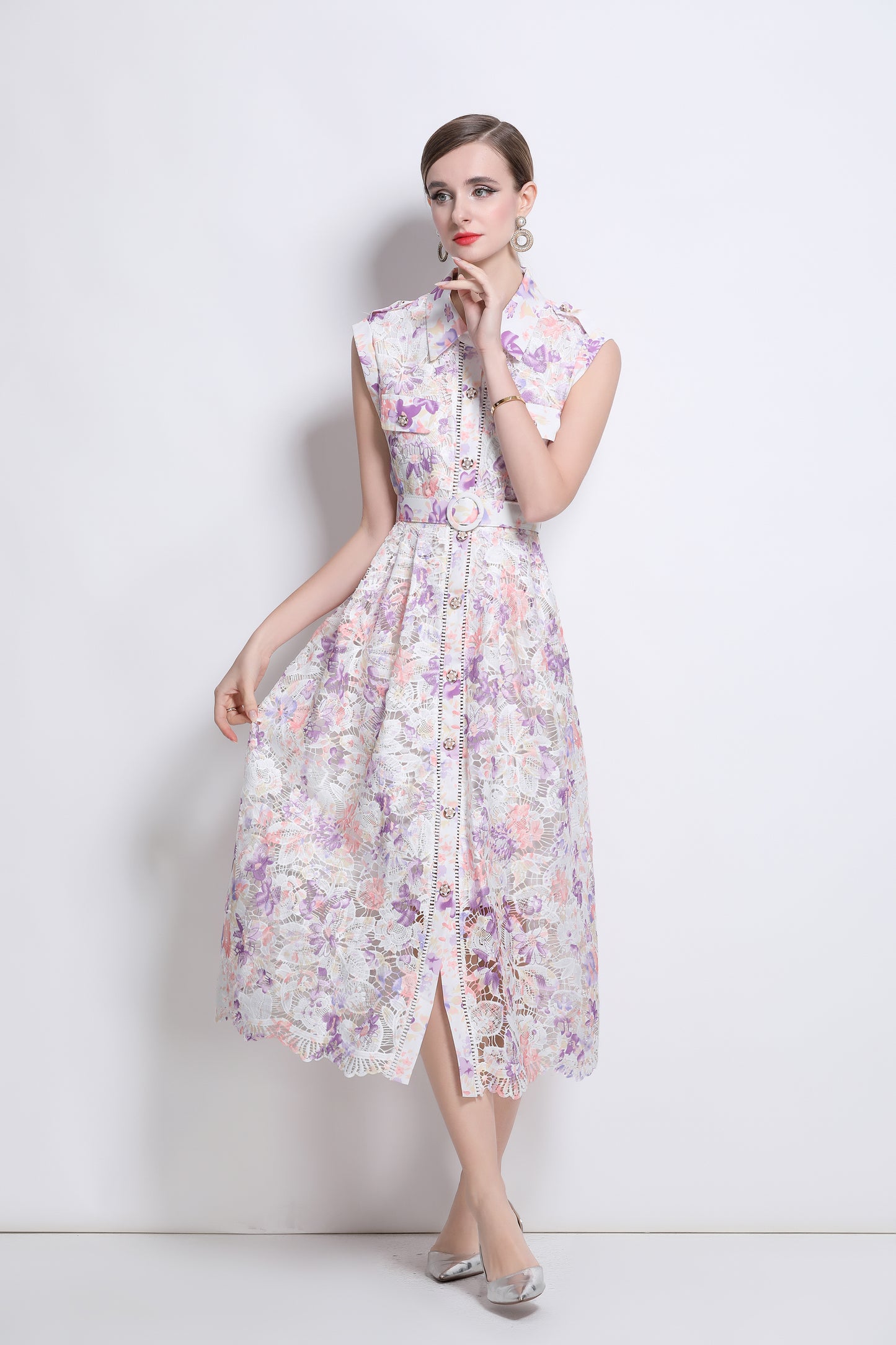 Women's Hollow Lace Print Sleeveless Midi Dress