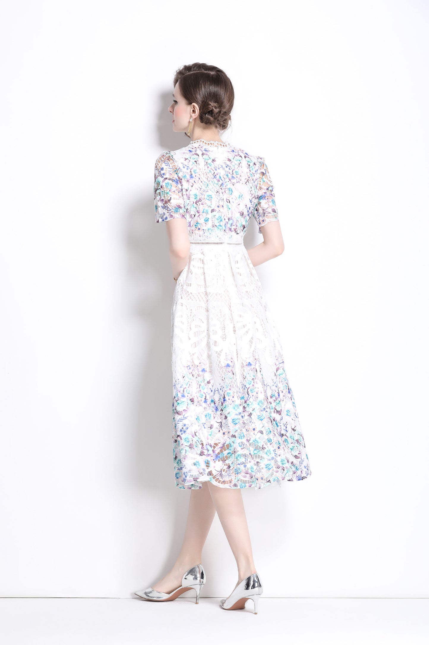 Women's Lace Floral Short Sleeve Crochet Waist Cocktail Midi Dress - LAI MENG FIVE CATS