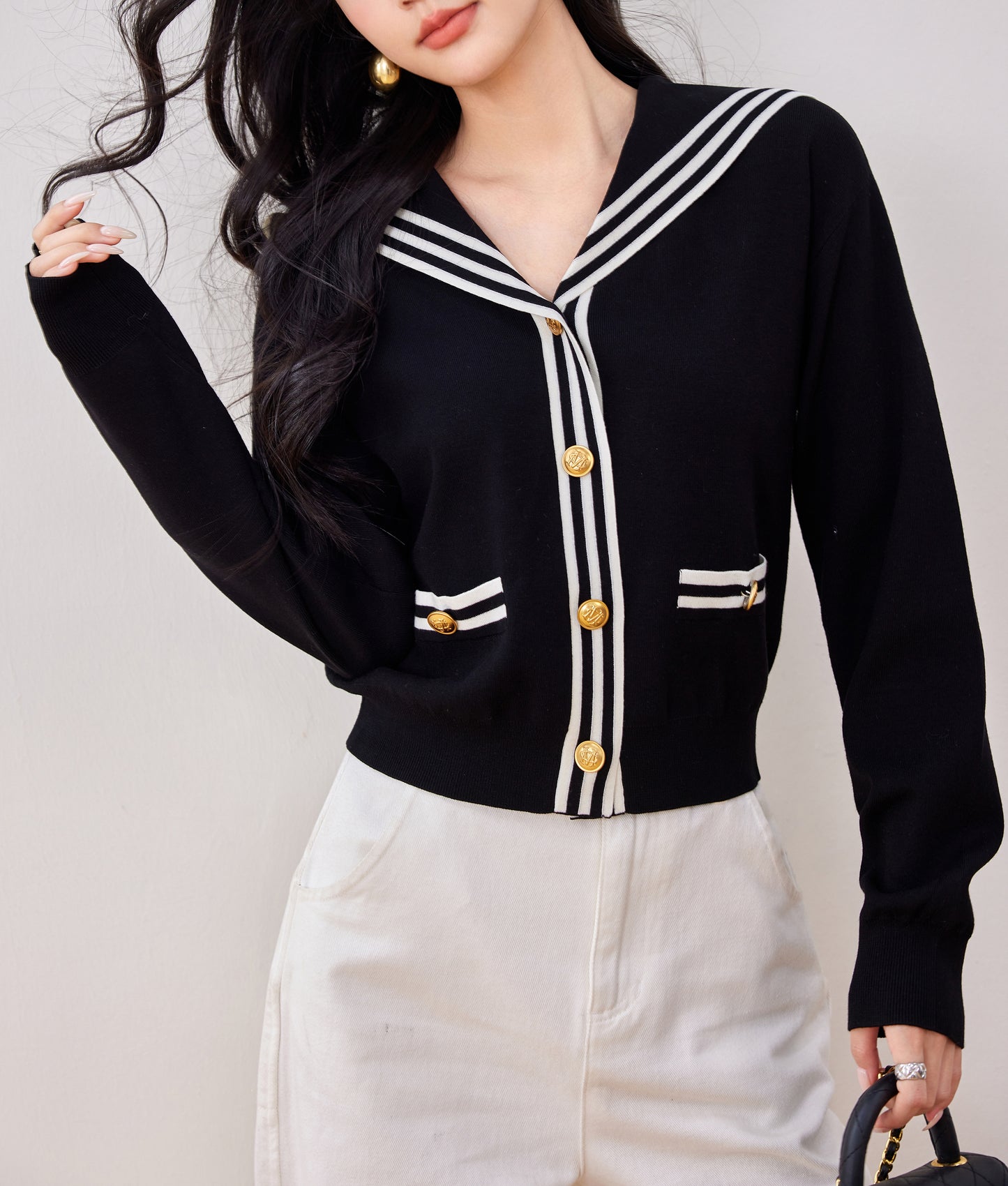 Women's Sailor Collar V-Neck Stripe Button Knit Top